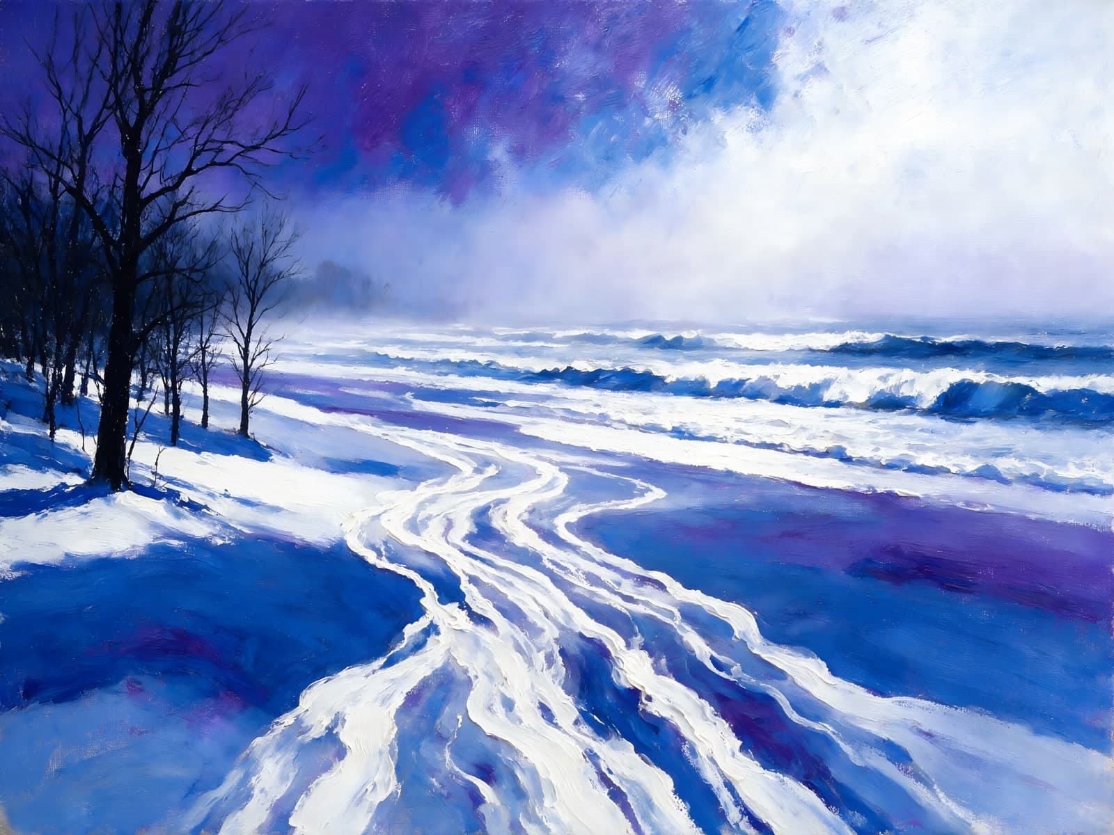 Sneeuwpad langs blauwe golven en kale bomen
