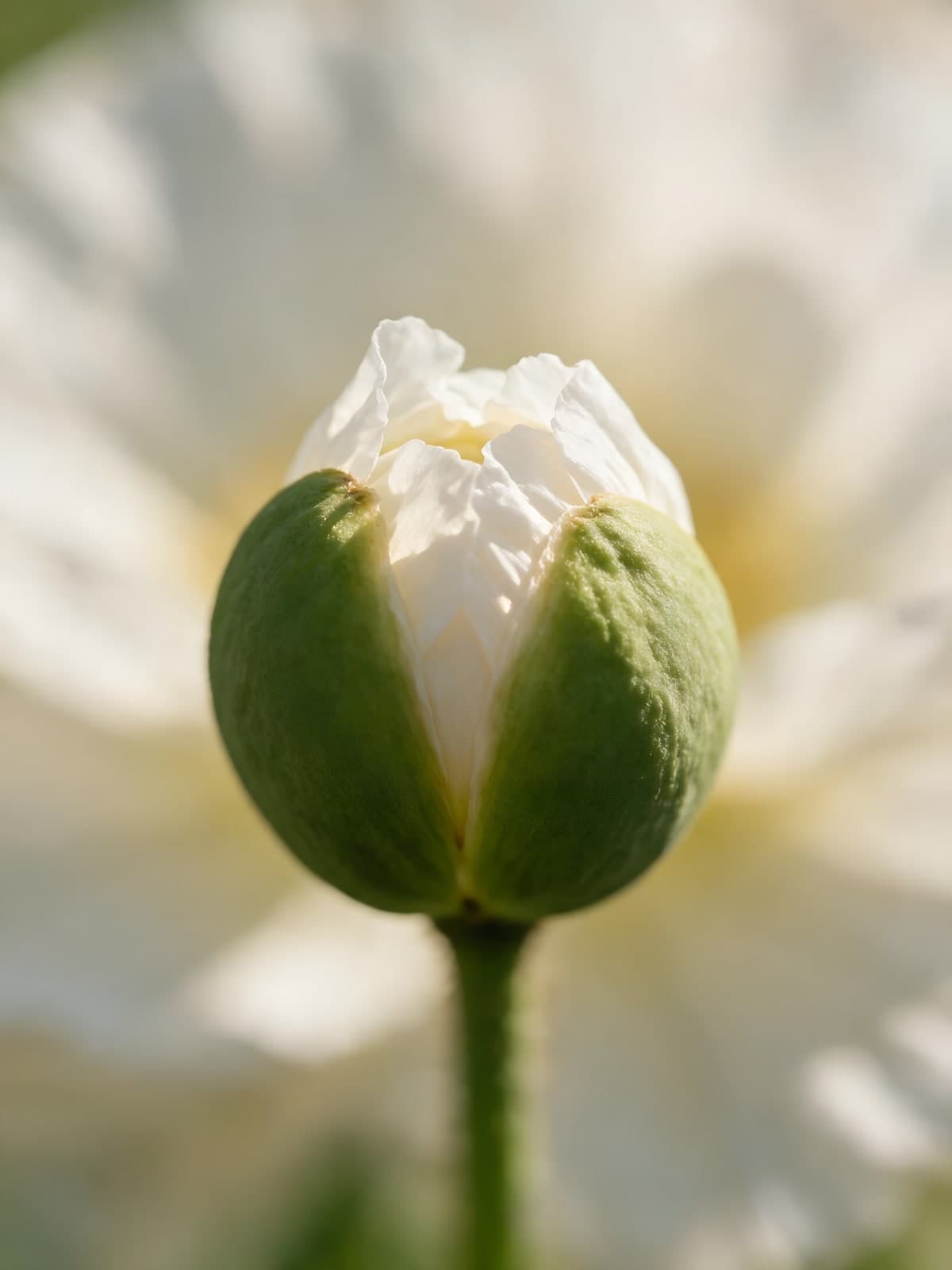 Witte bloem met groene knop in tegenlicht