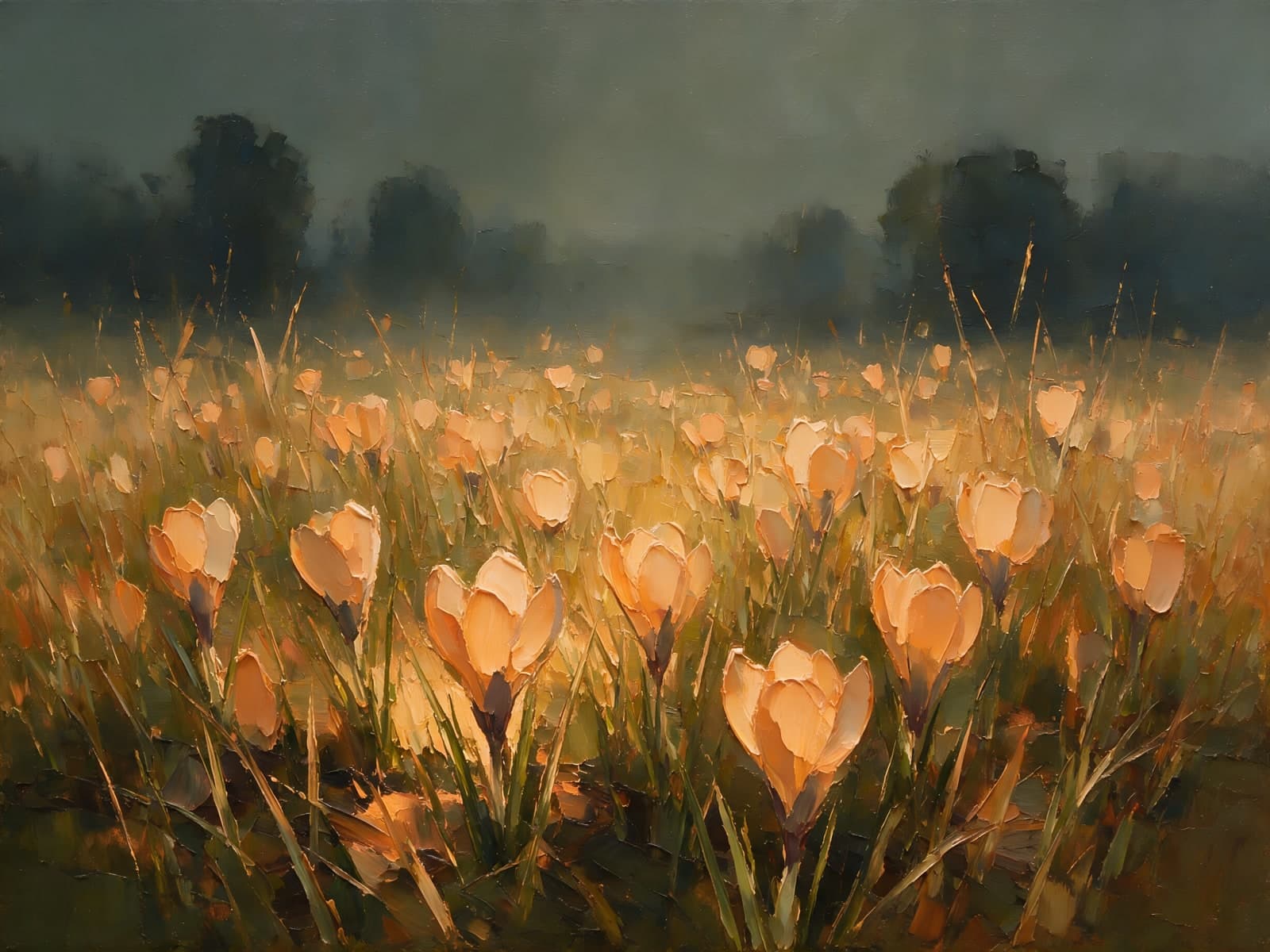 Oranje krokussen in een mistig veld