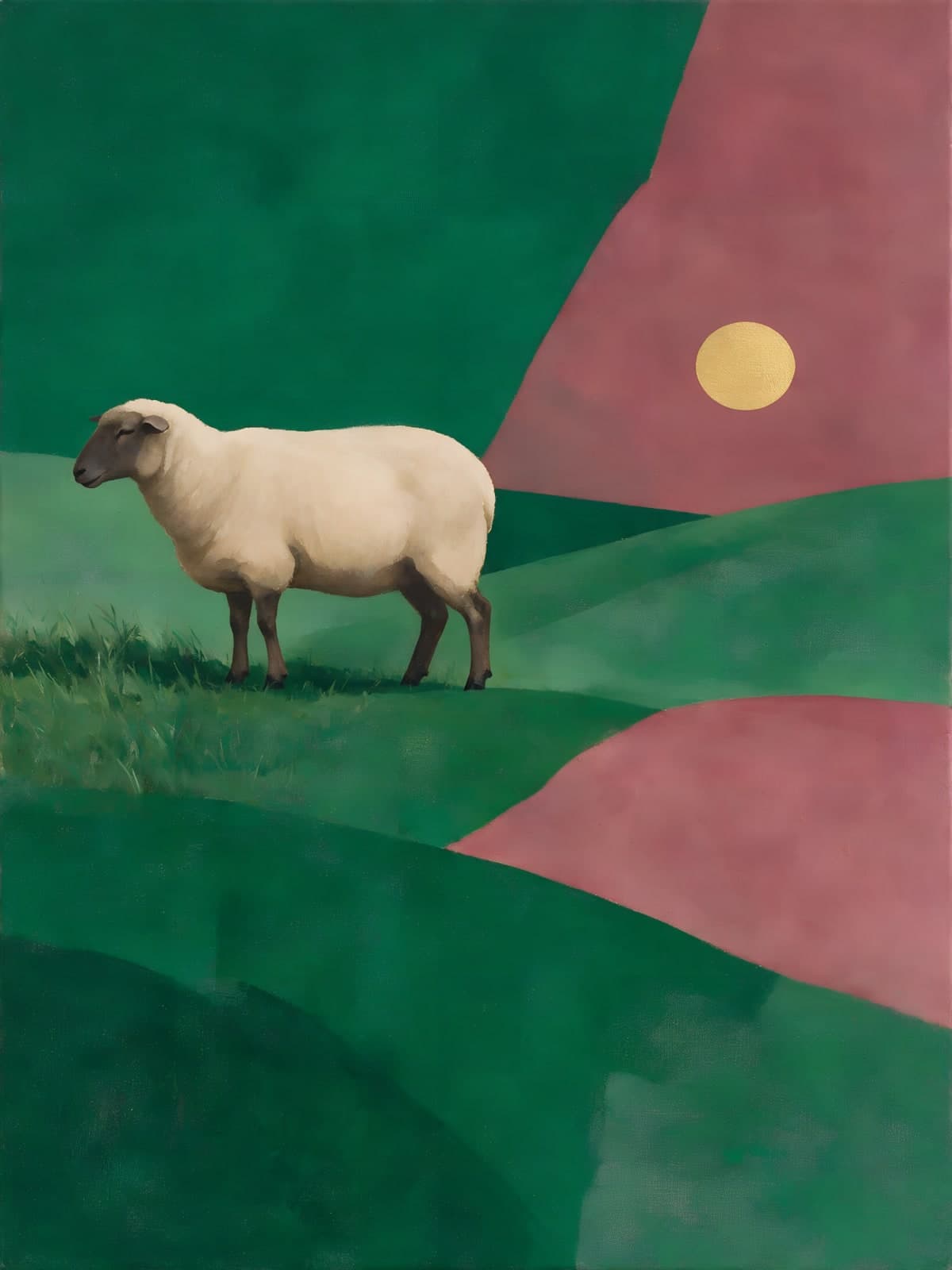 Schaap op groene heuvels met gele maan