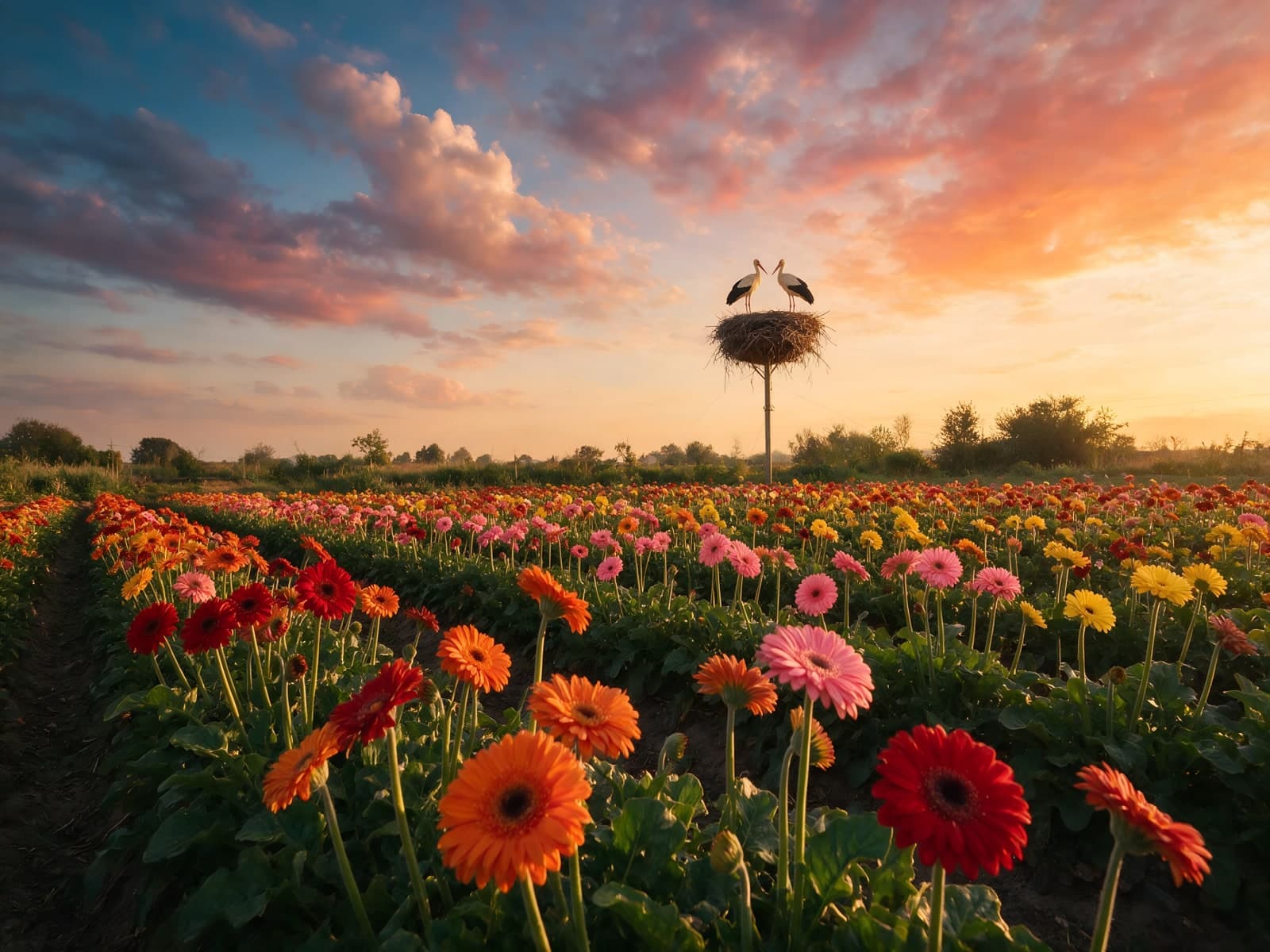 Gerbera's in een veld met ooievaarsnest