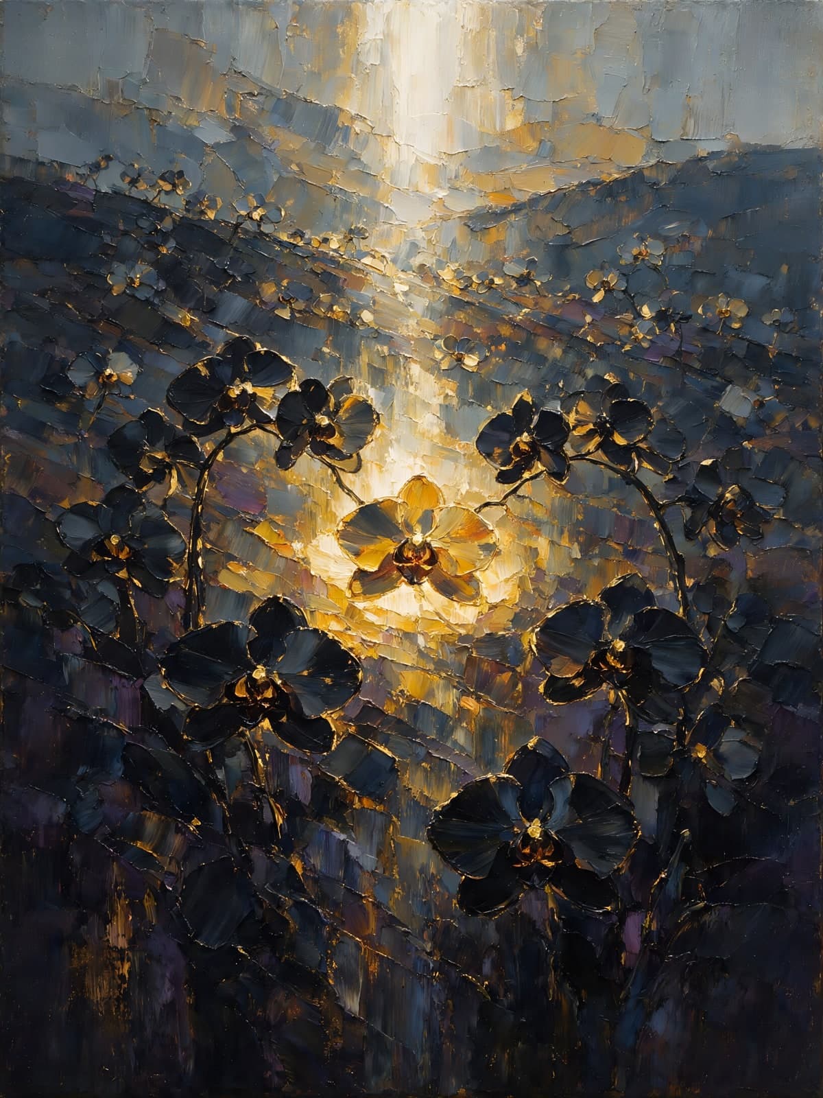 Donkere bloemen in bundel gouden licht