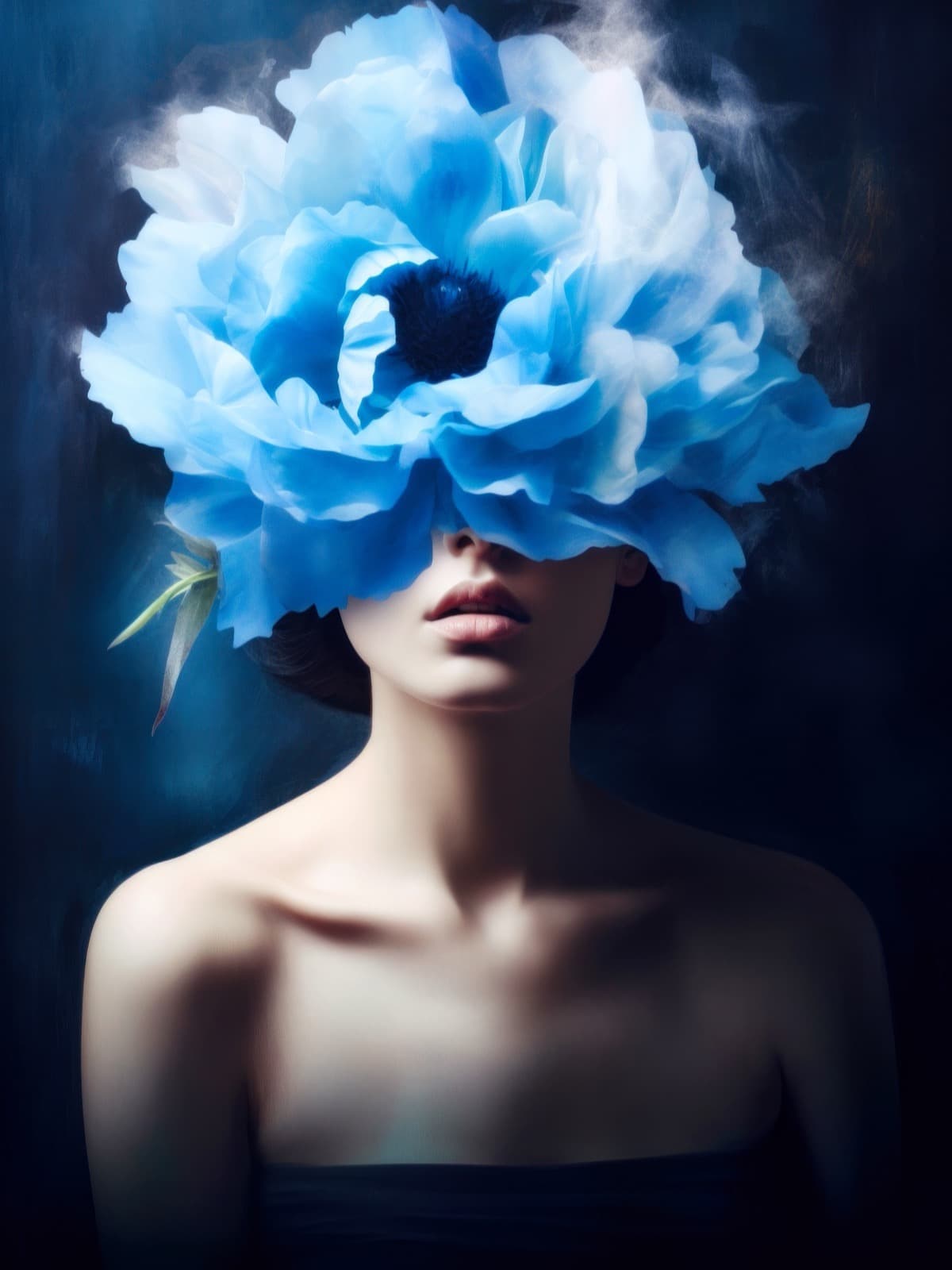 Blauwe bloemenwolk boven een gesloten mond