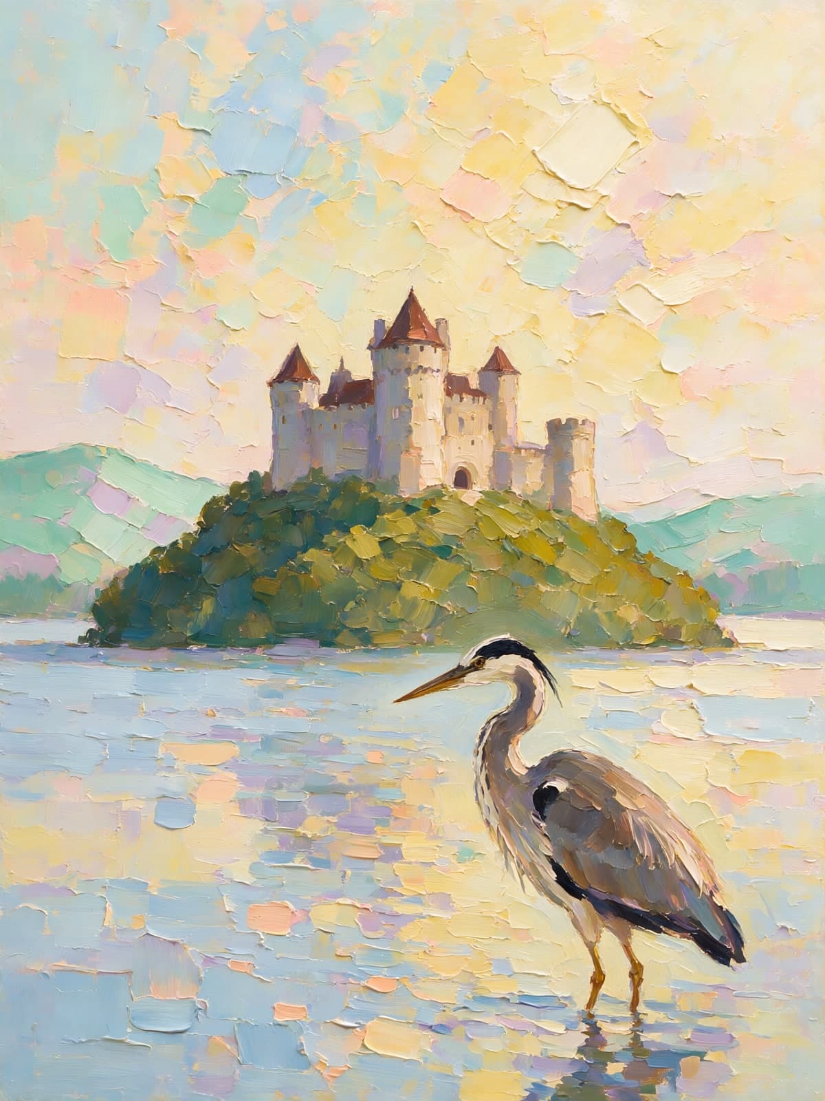 Kasteel op een eiland met blauwe reiger