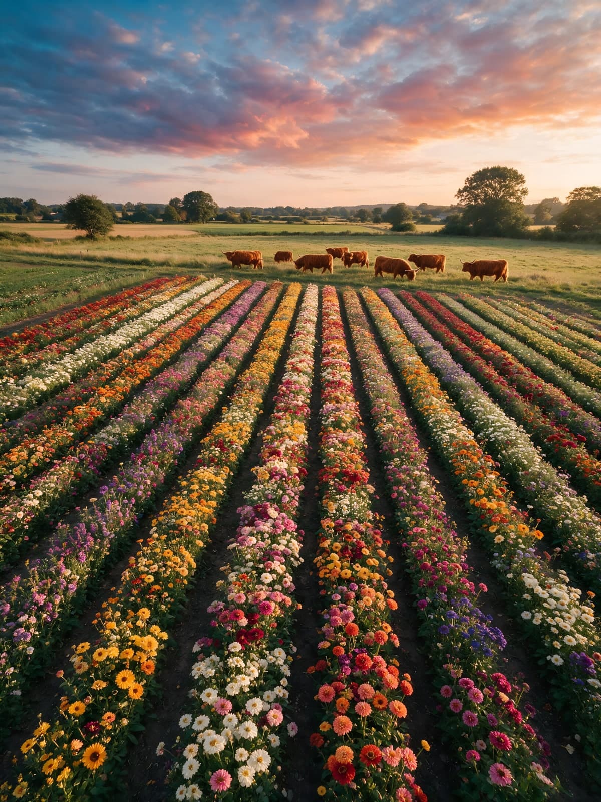 Bloemenbanen in rood en oranje met koeien