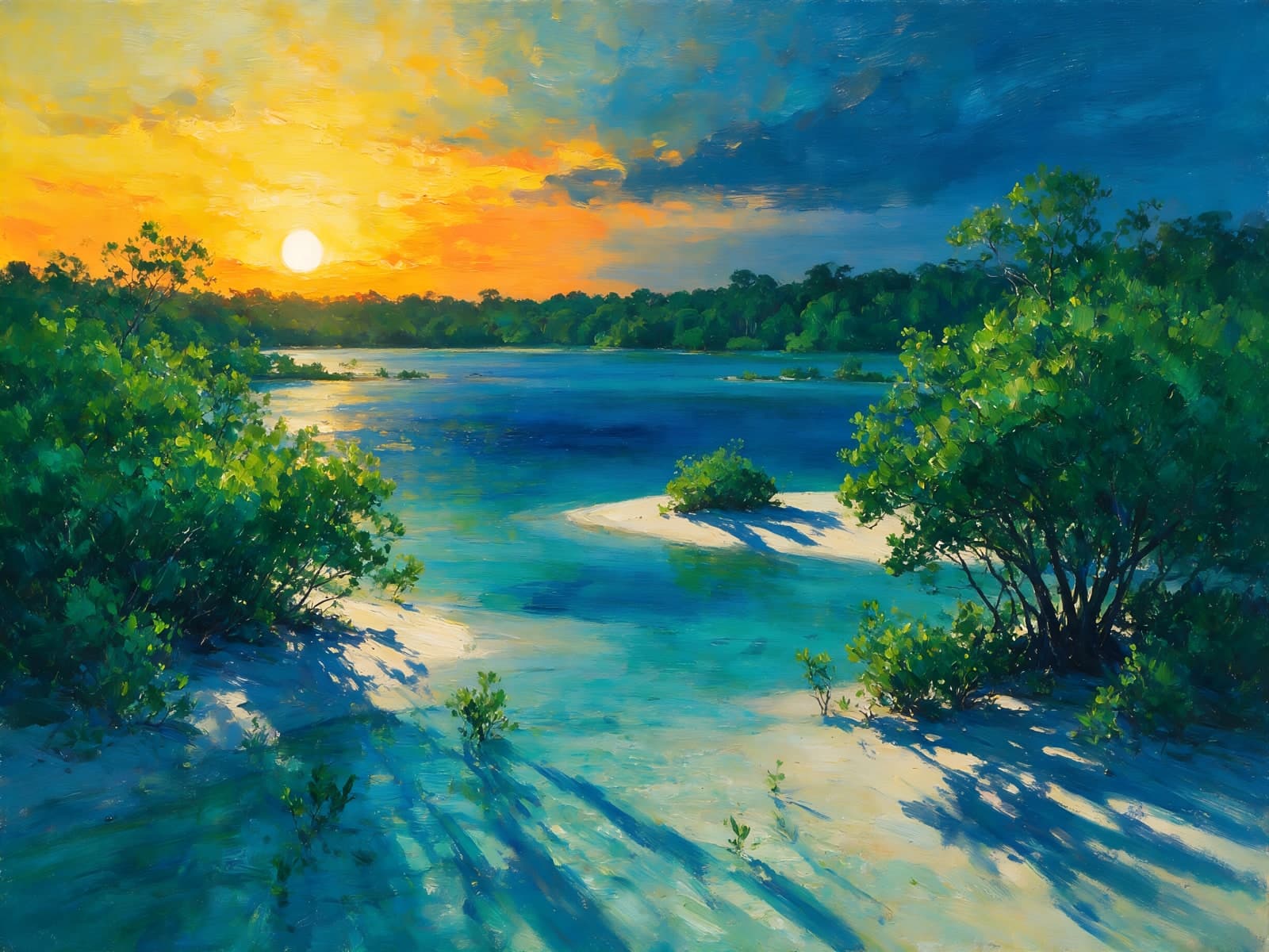 Zonsondergang boven turquoise water tussen struiken