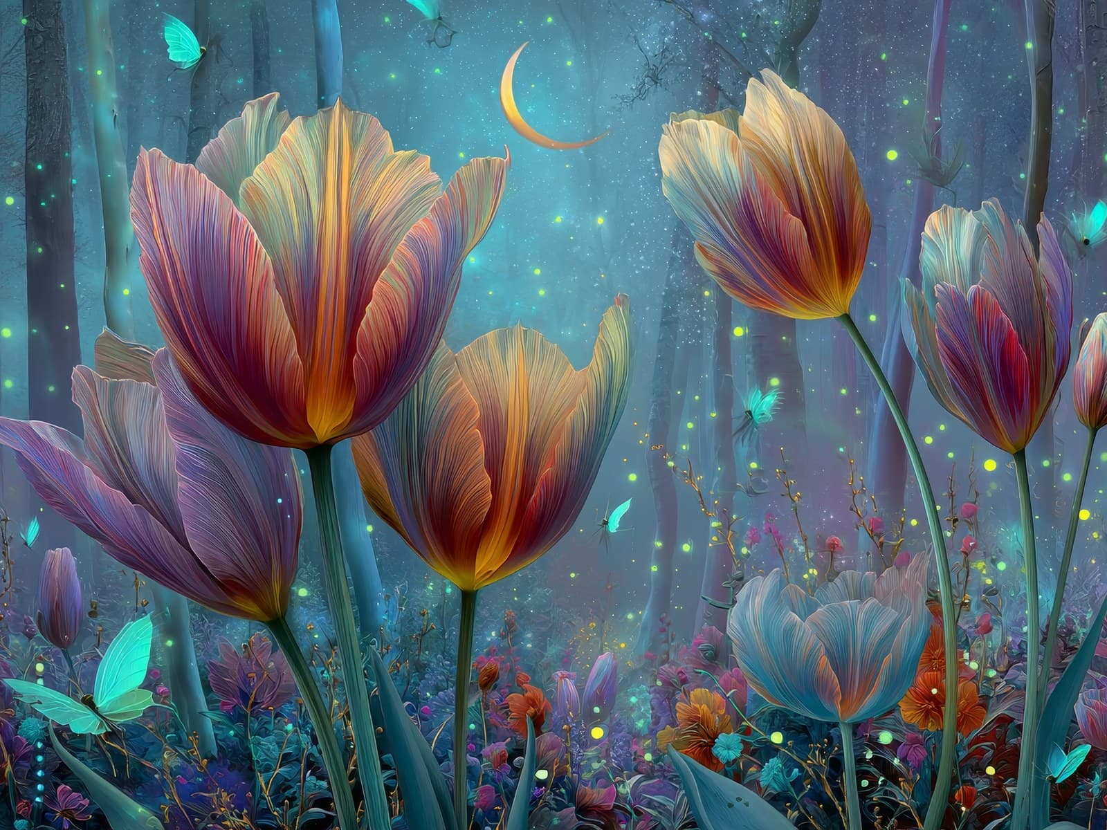 Oranjepaarse tulpen onder een gele maansikkel