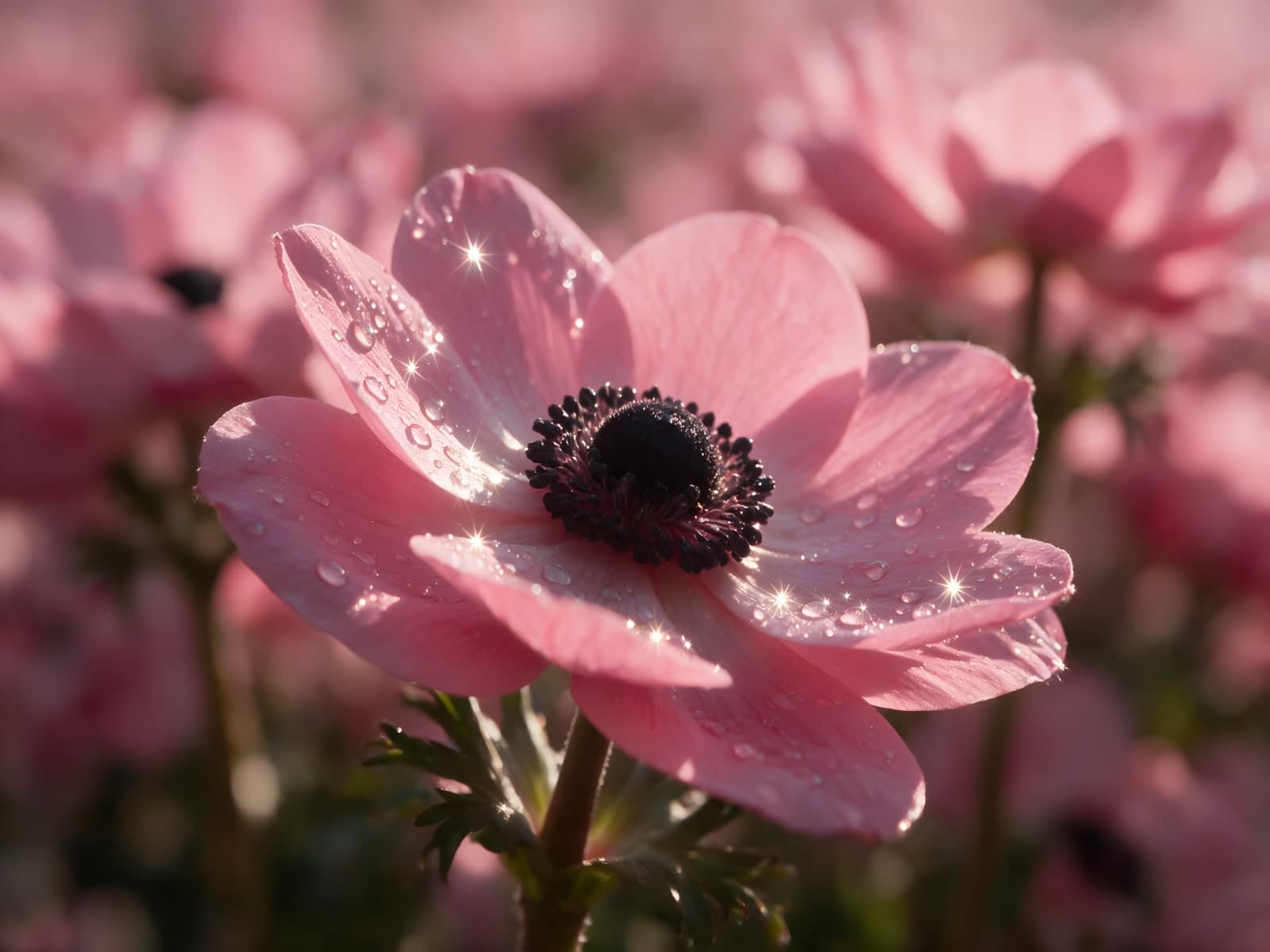 Roze anemoon met glinsterende druppels