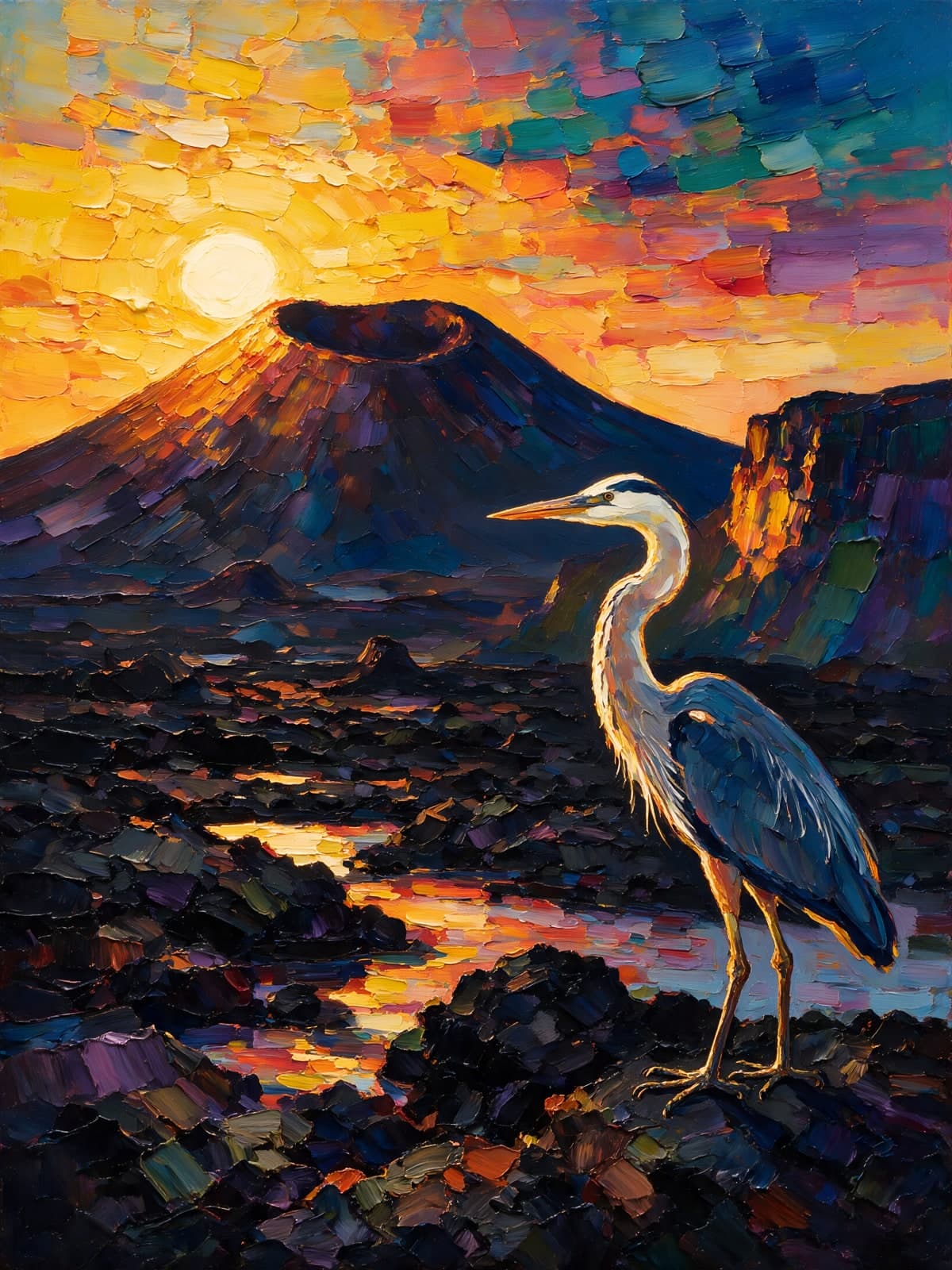 Blauwe reiger voor een vulkaan bij zonsondergang