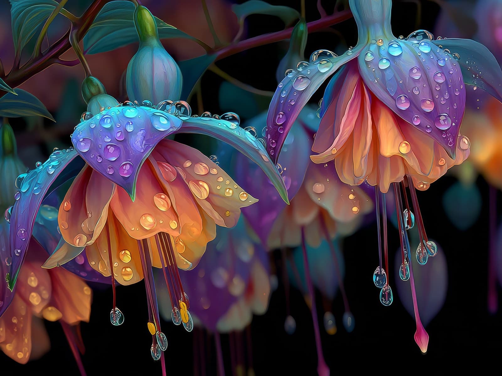 Hangende fuchsia met druppels in oranje