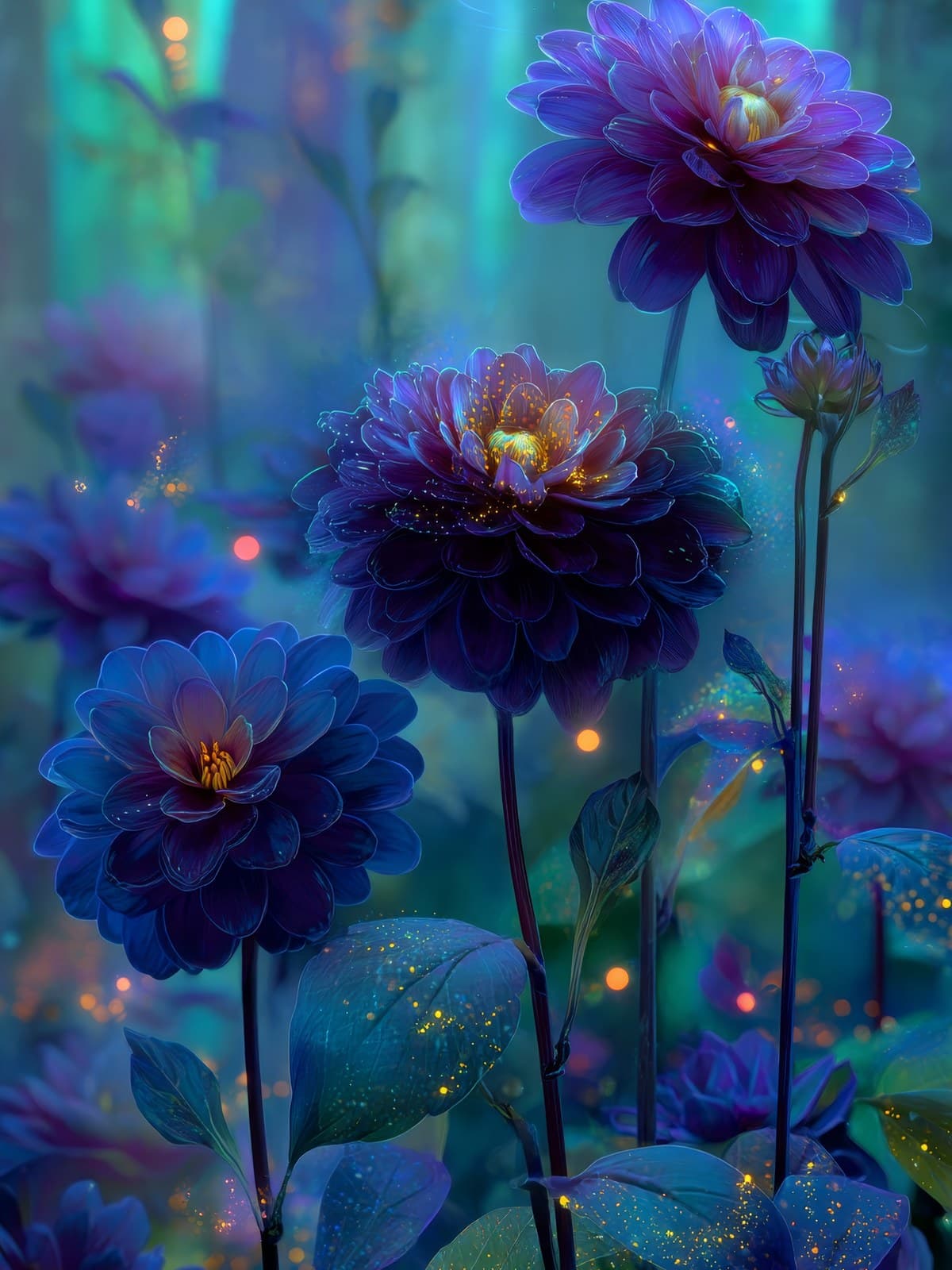 Donkerblauwe dahlia's in een gloeiend bos