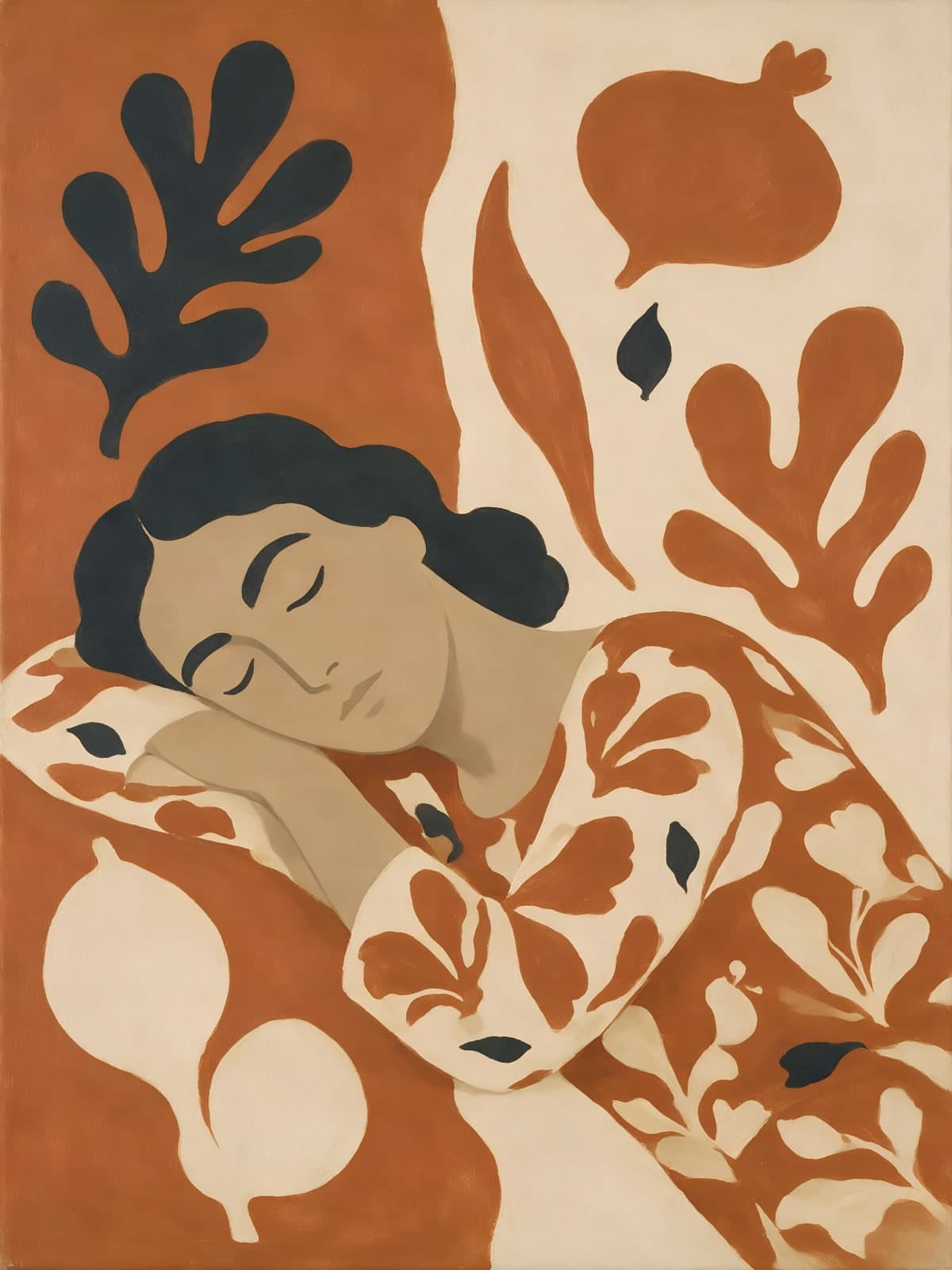 Slapende vrouw tussen terracotta bladvormen