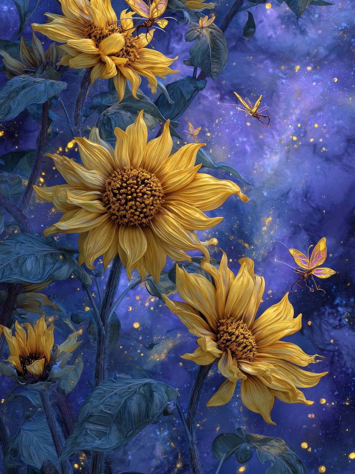 Gele zonnebloemen op een nachtblauwe achtergrond