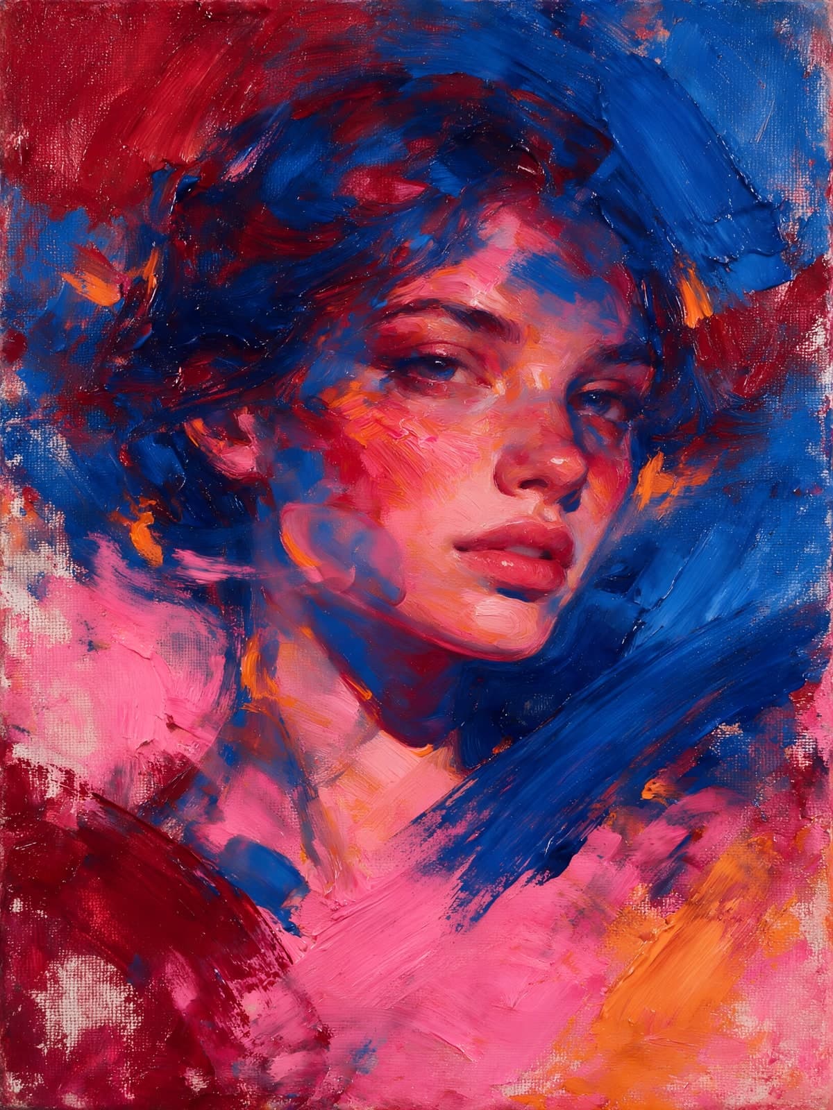 Vrouwengezicht in blauwe en roze verfstreken