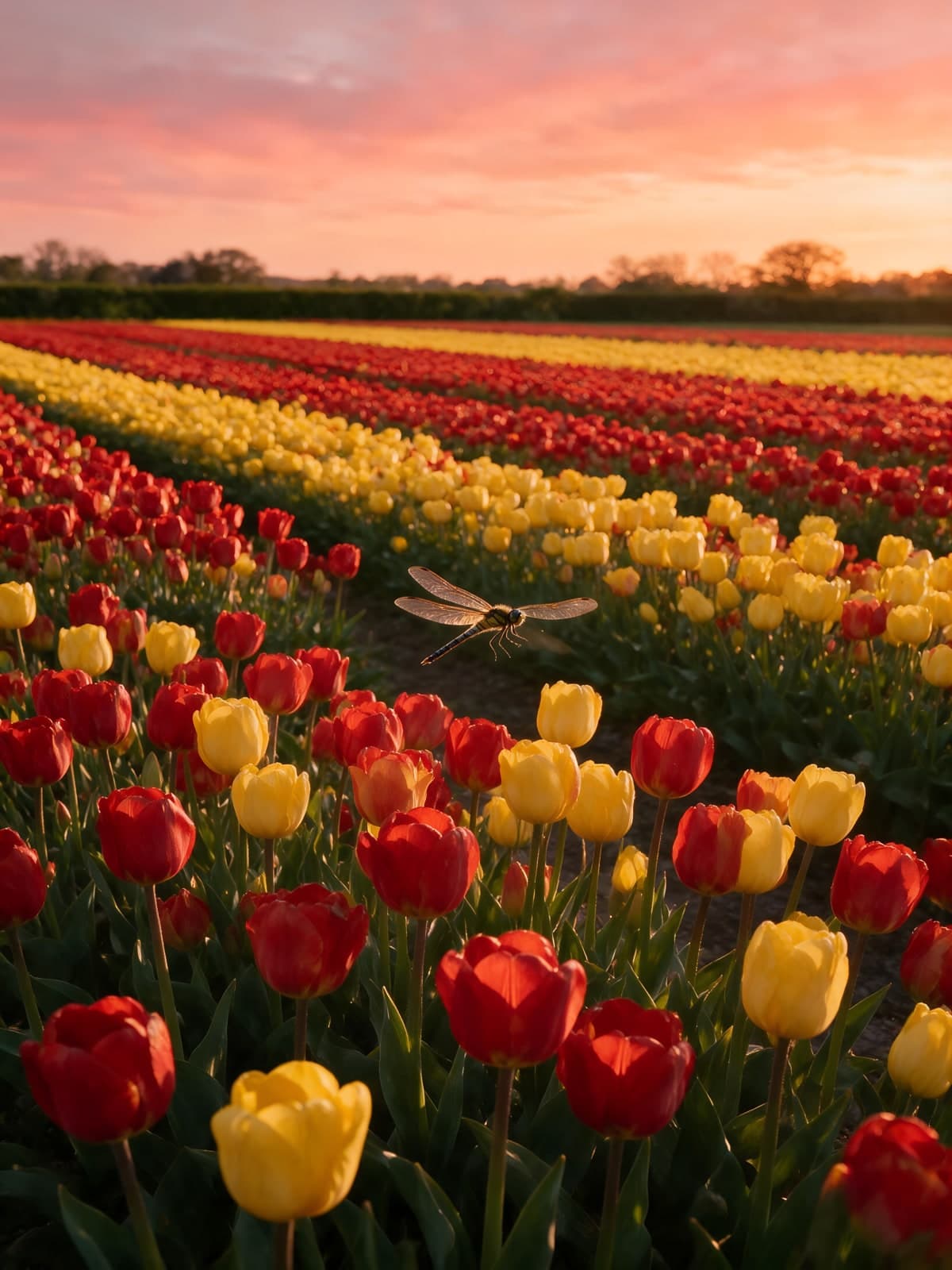 Tulpenrijen met libel onder roze lucht