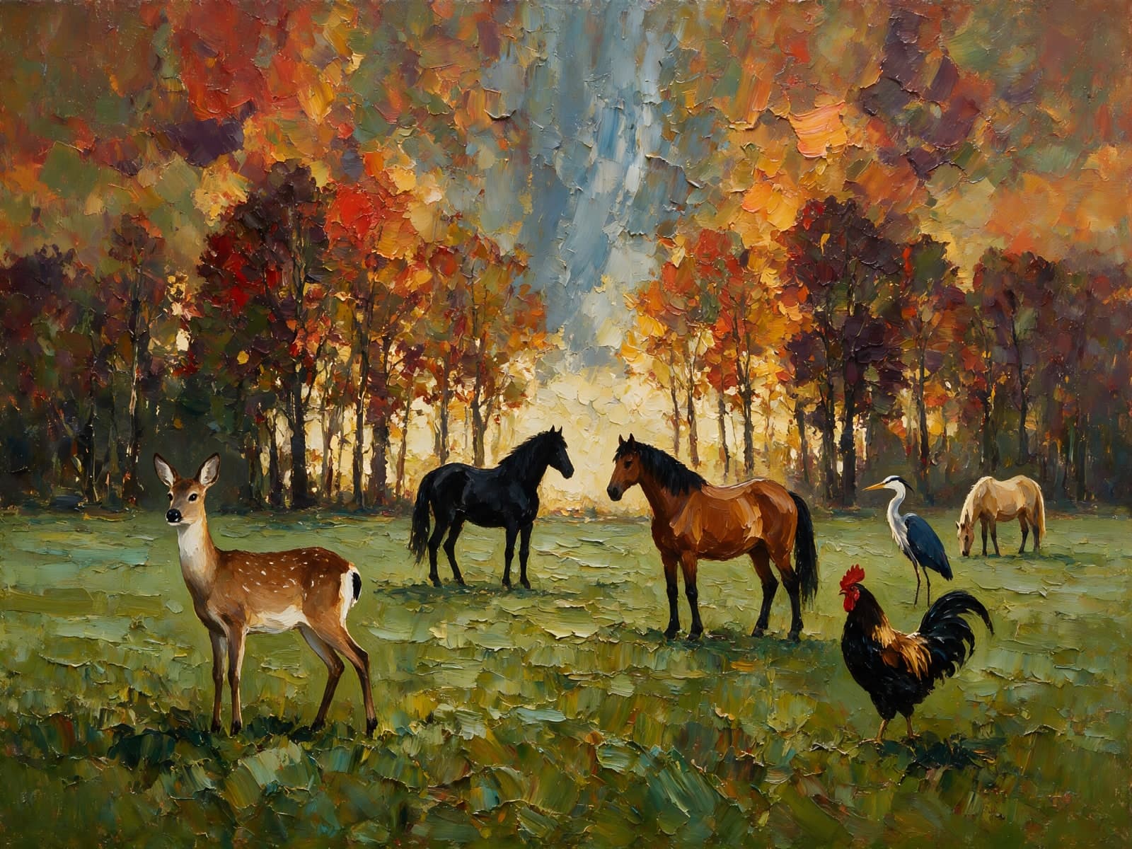Paarden en hert op een herfstweide