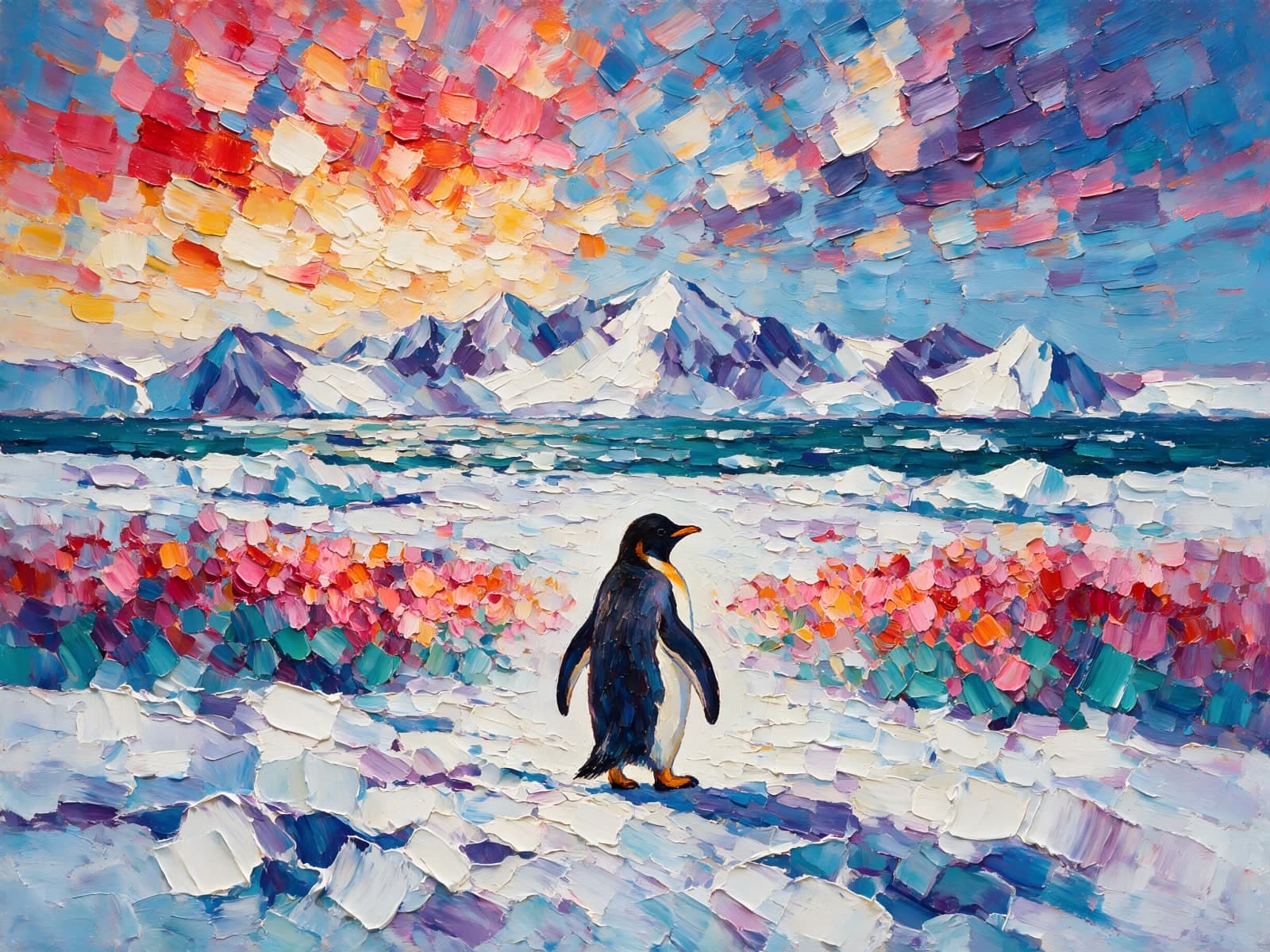 Pinguïn tussen rode bloemen in de sneeuw