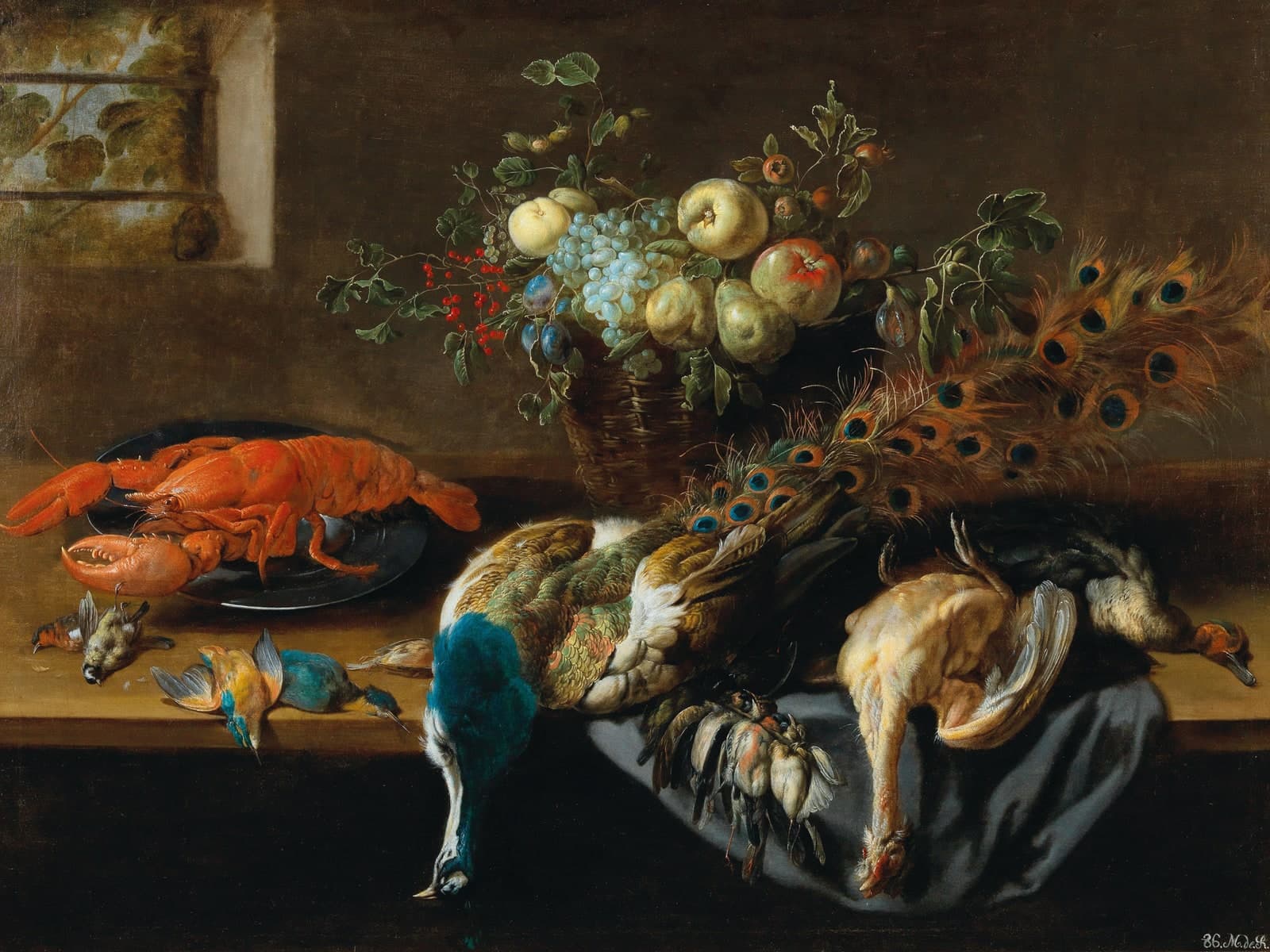 Een pauw, fruit, gekookte kreeft en geschoten vogels