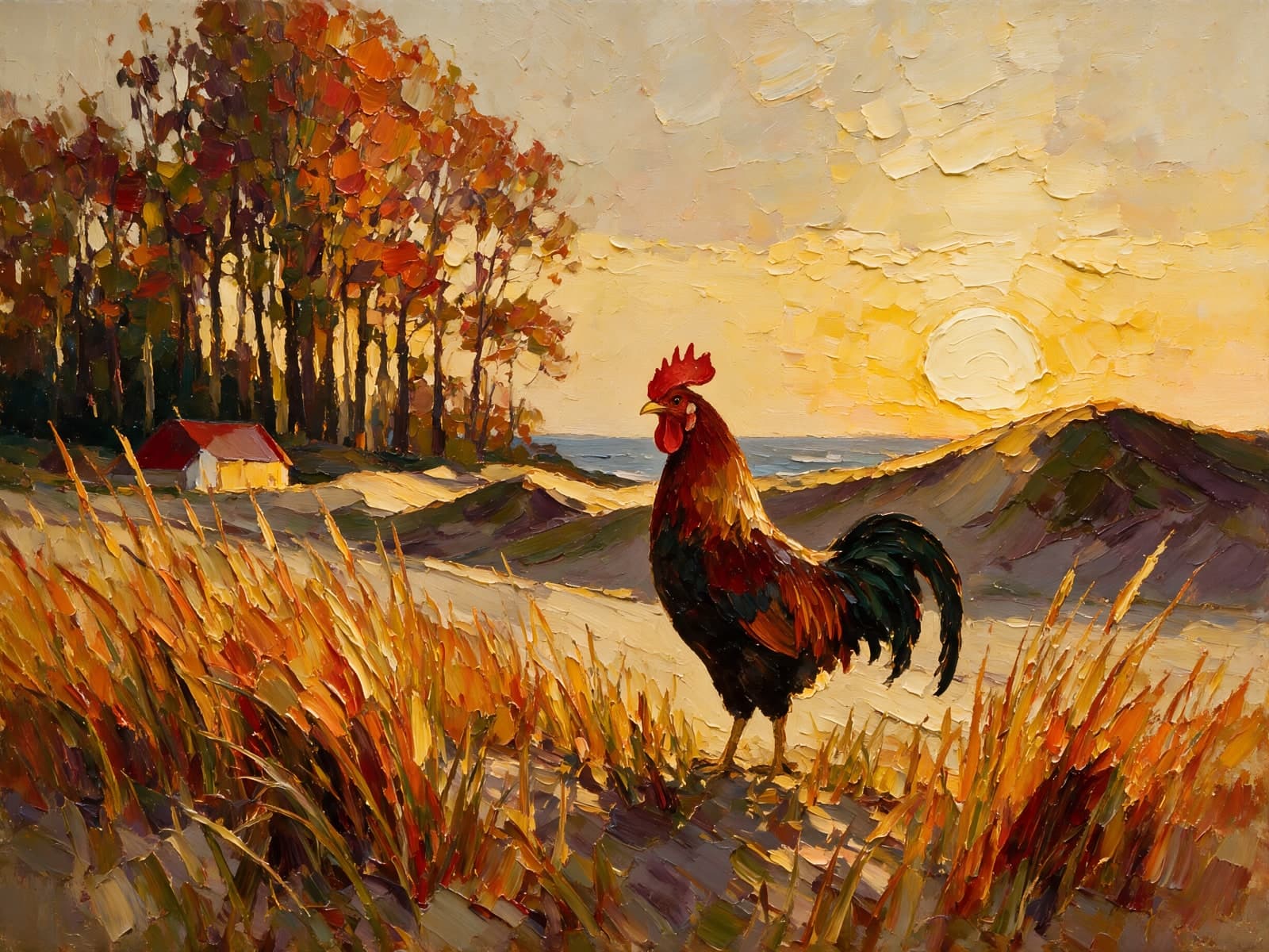 Haan in duingras bij ondergaande zon
