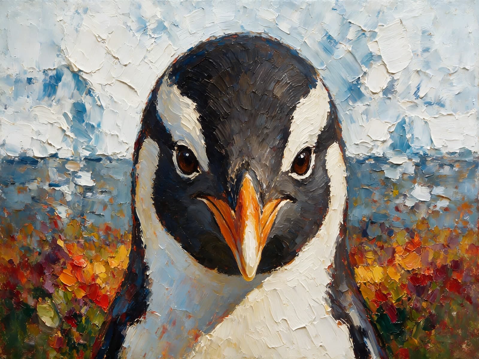 Pinguïn van dichtbij voor een bloemenrand