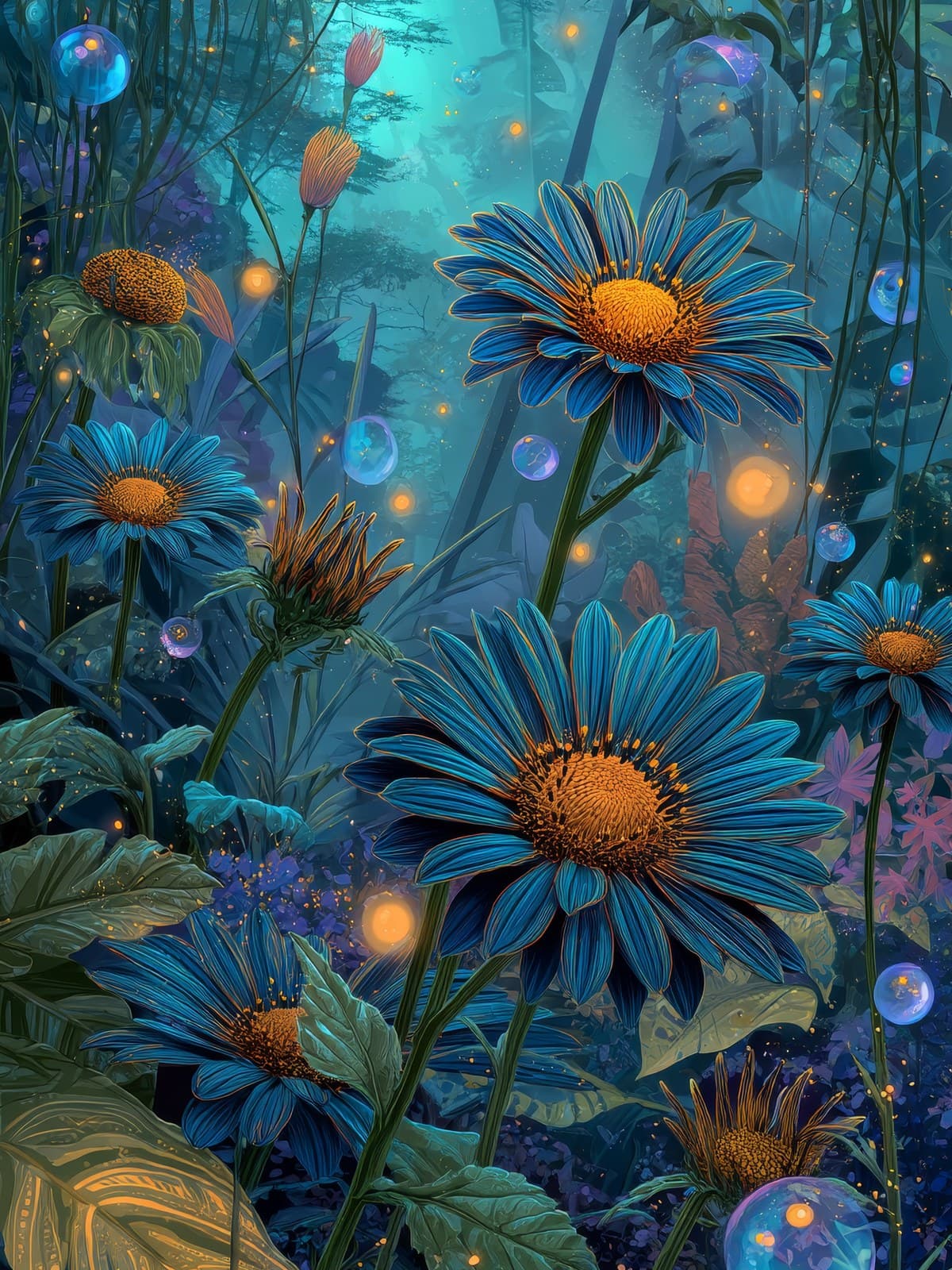Blauwe madeliefjes tussen gloeiende lichtbolletjes