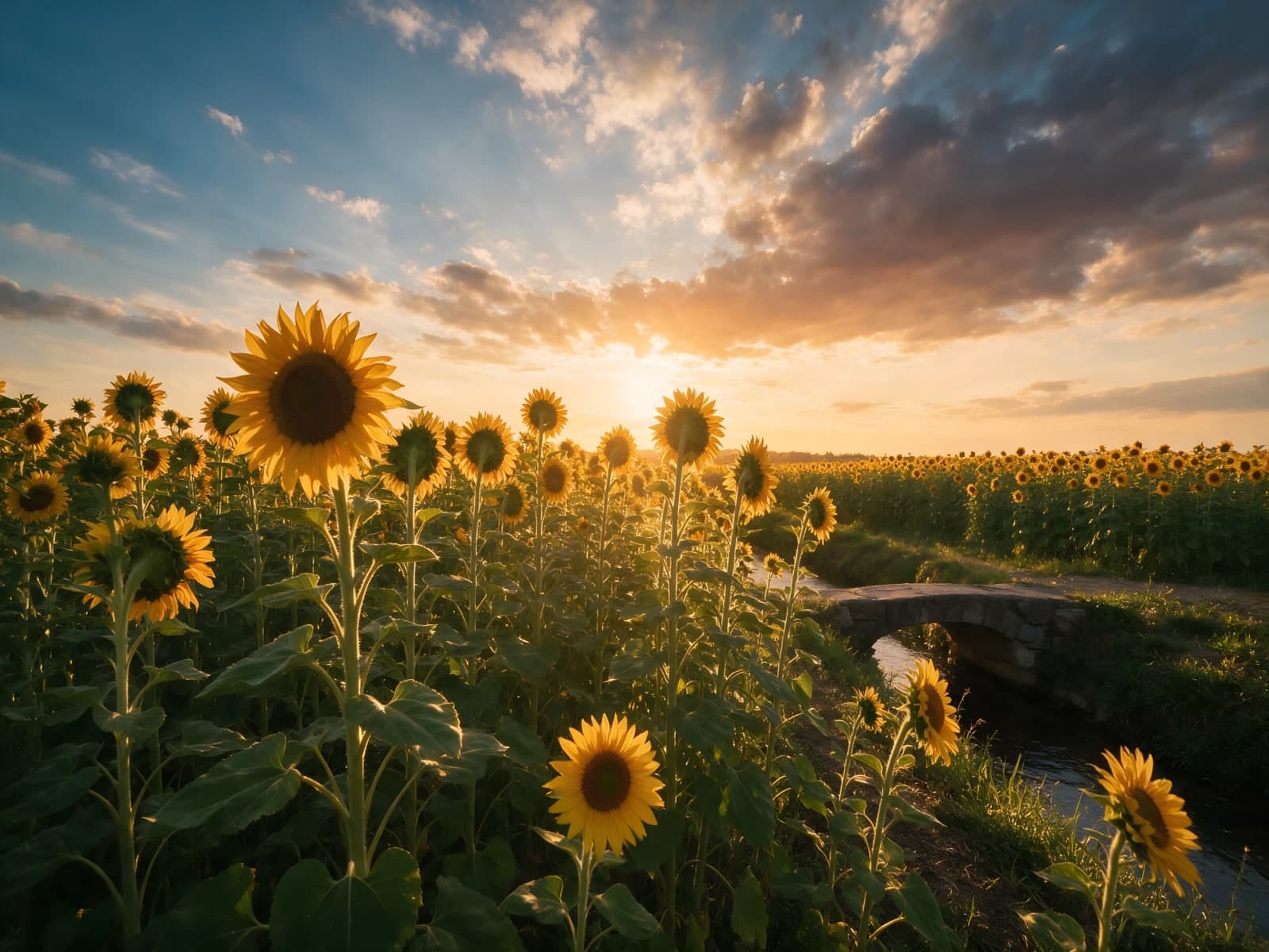 Zonnebloemen bij zonsondergang langs een beekje