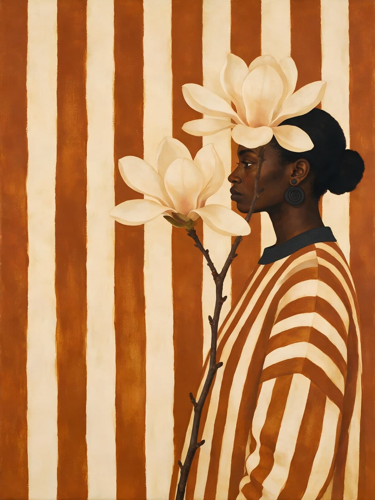 Vrouw met magnolia voor oranje strepen