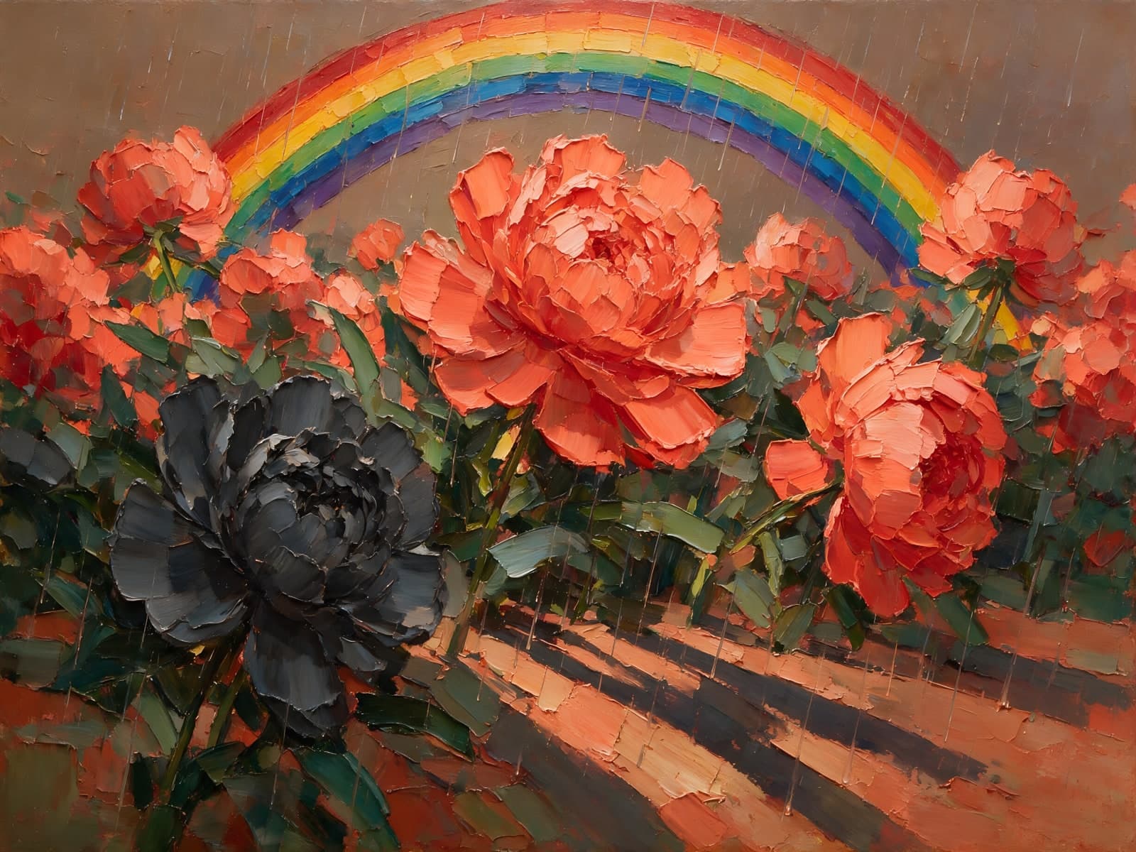 Rode pioenen met zwarte bloem onder regenboog