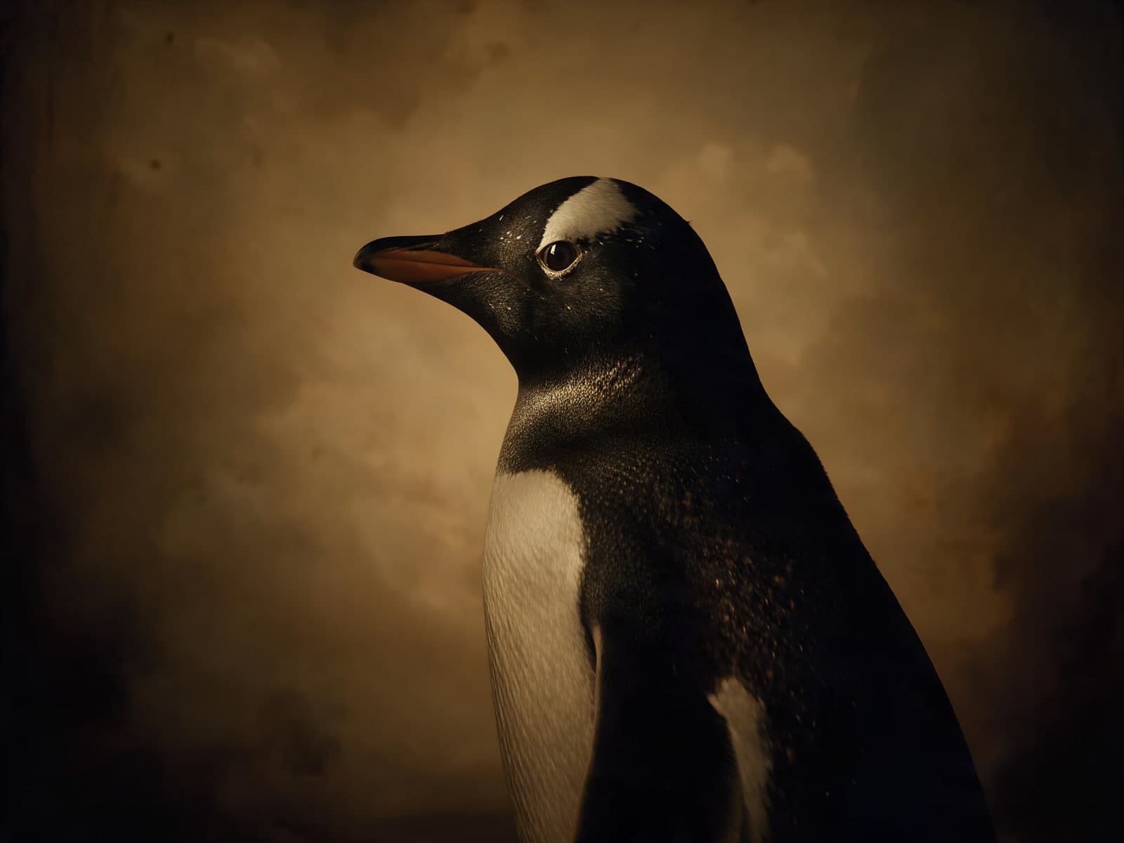 Pinguïn in profiel tegen bruine achtergrond