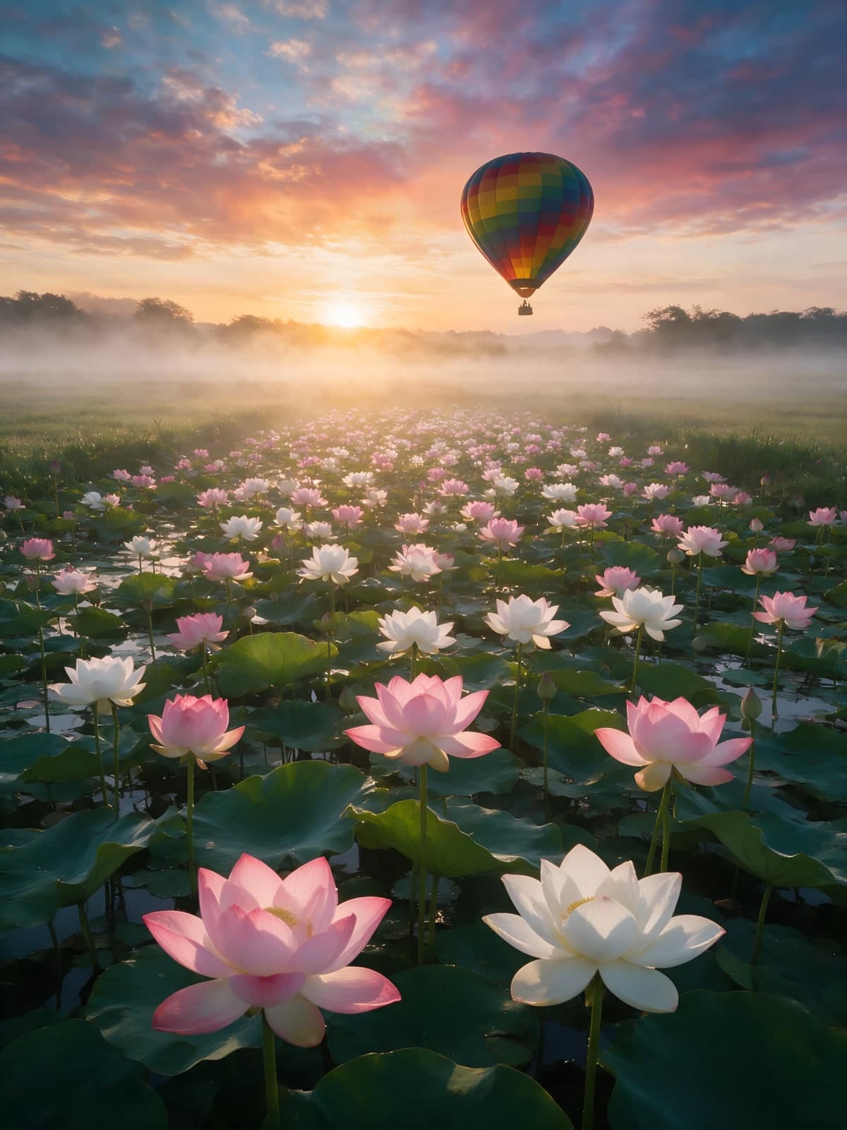 Ballon boven een lotusveld bij zonsopgang