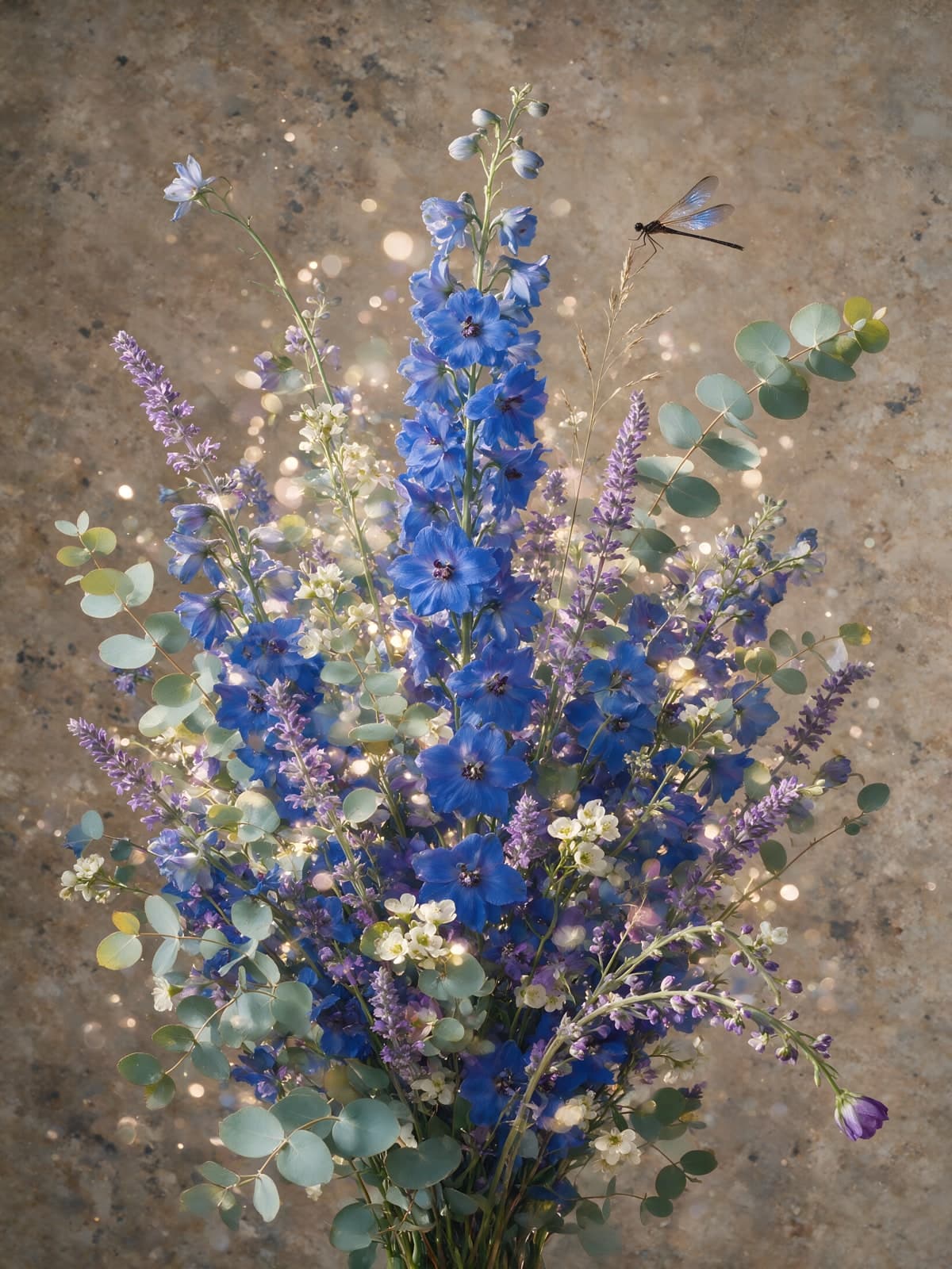 Blauwe bloemen met eucalyptus en libel