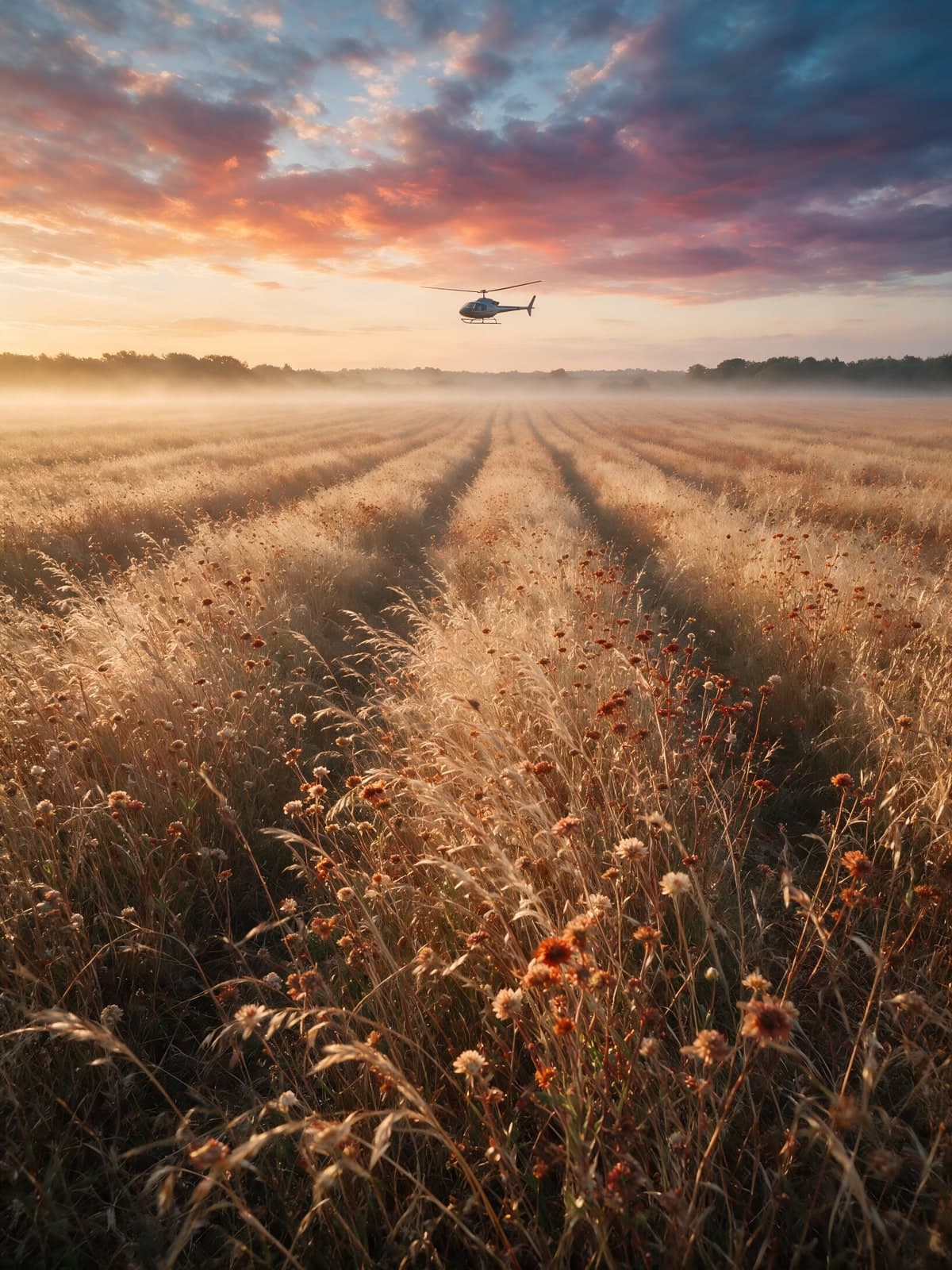 Helikopter boven een graanveld bij zonsopgang