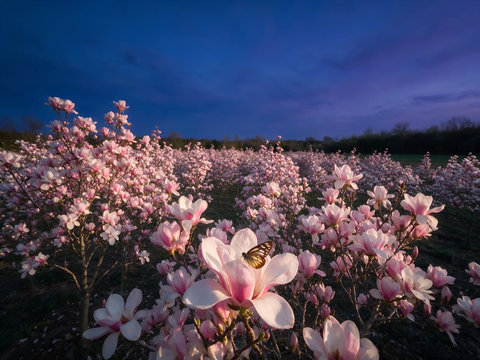 Magnoliaveld bij schemering met een vlinder