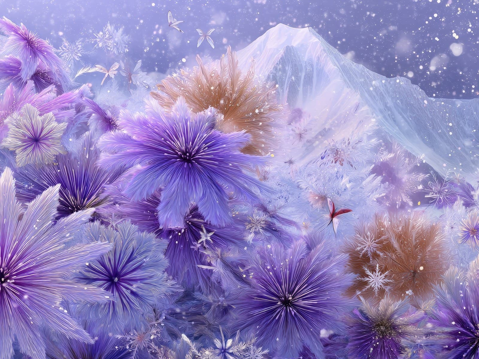 Paarse sterbloemen voor een besneeuwde berg