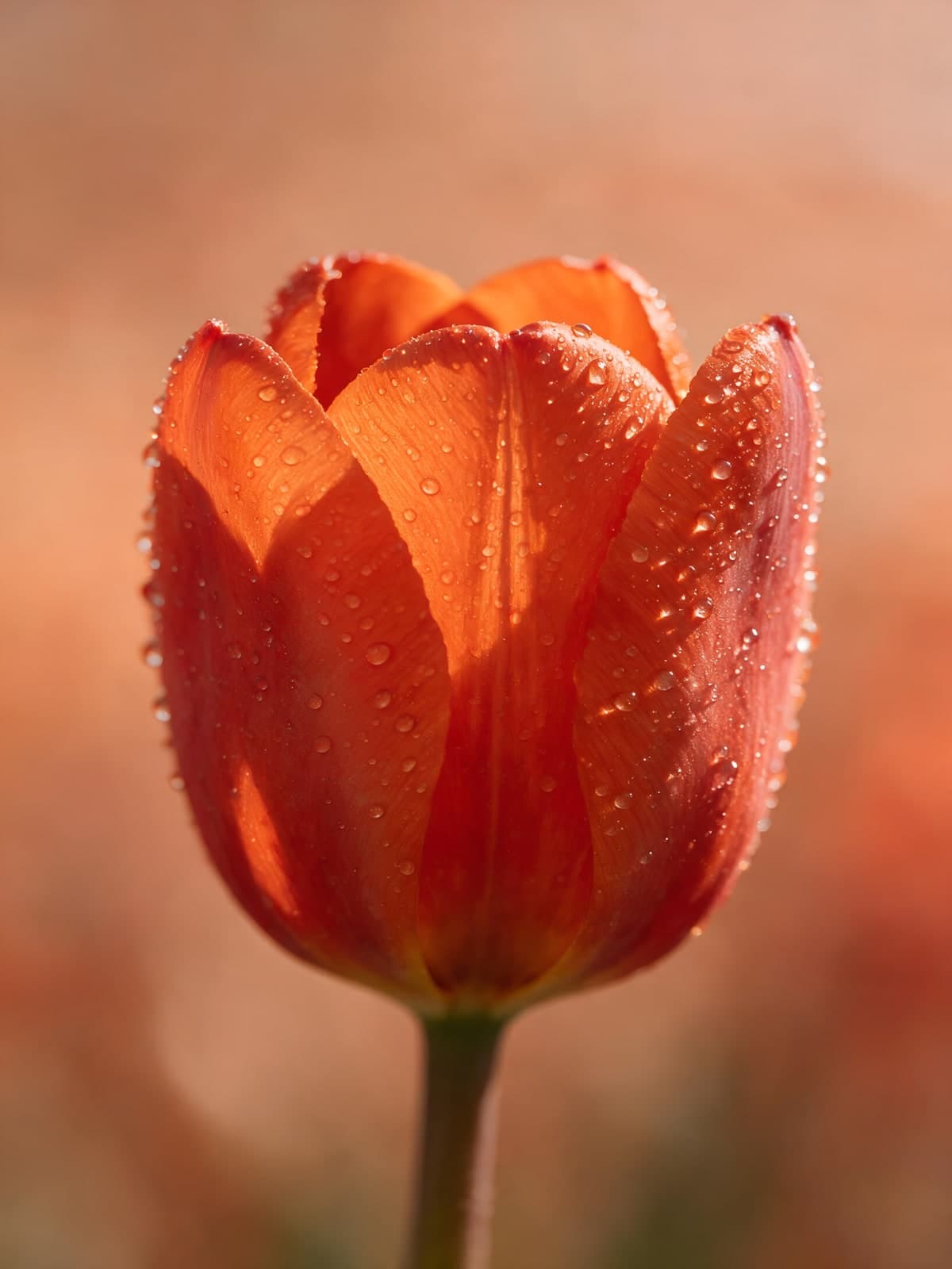 Oranje tulp met dauw op de bladeren