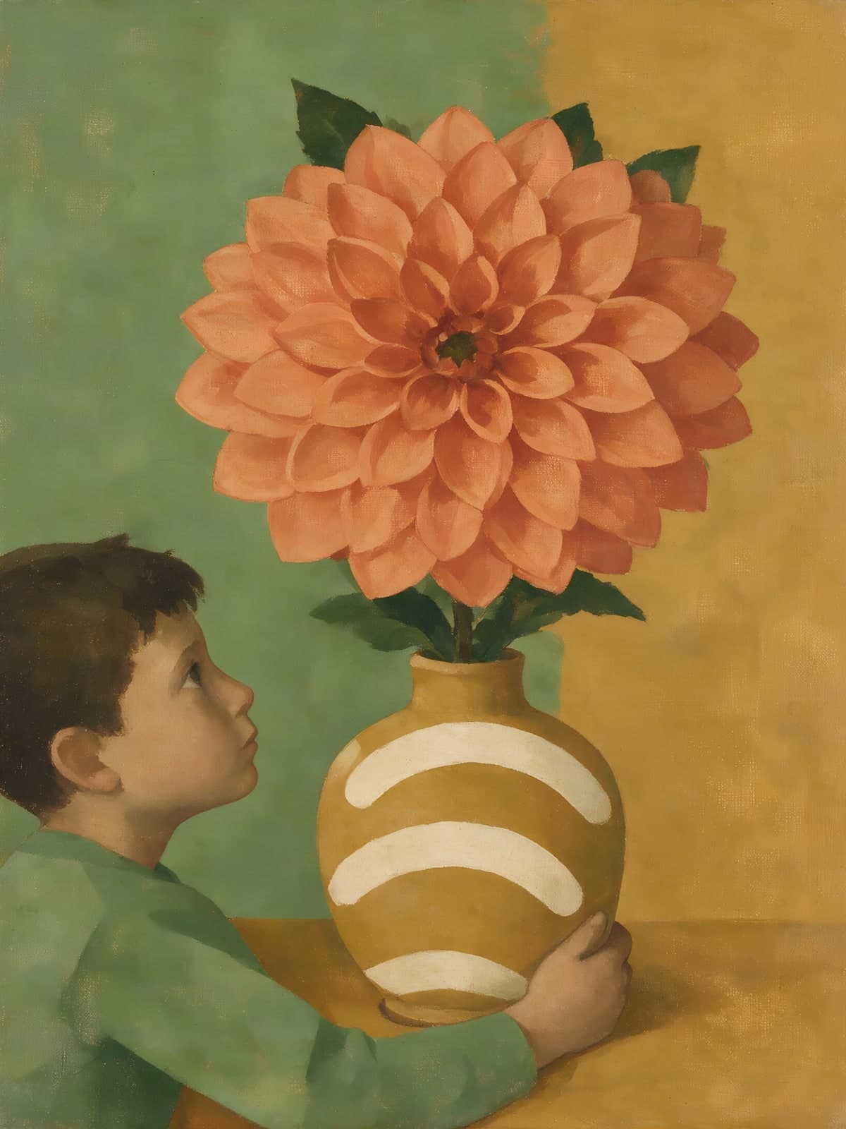 Jongen met oranje dahlia in gestreepte vaas