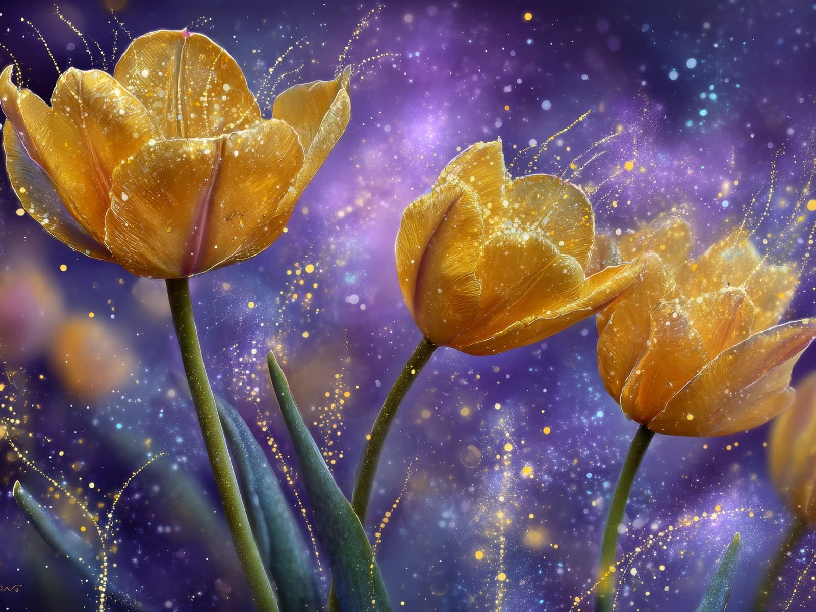 Gele tulpen met gouden spetters tegen paars