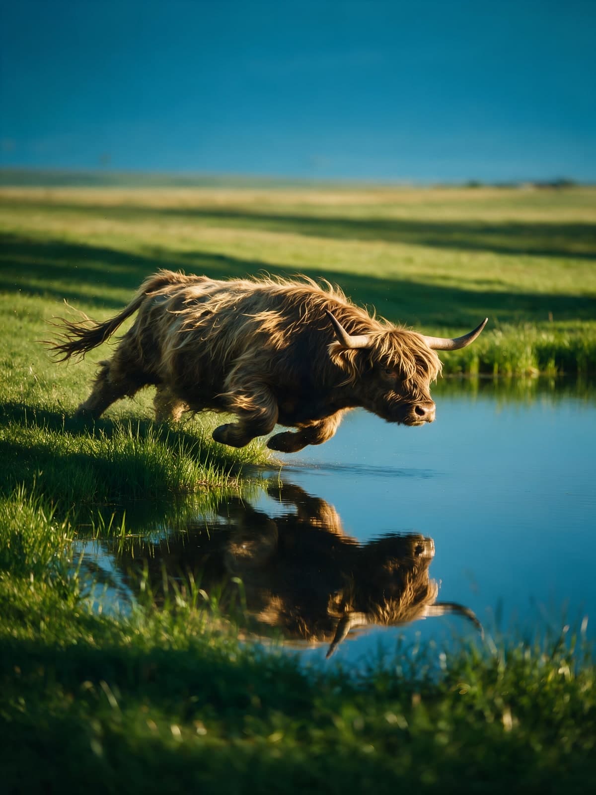 Hooglander springt langs een blauwe plas