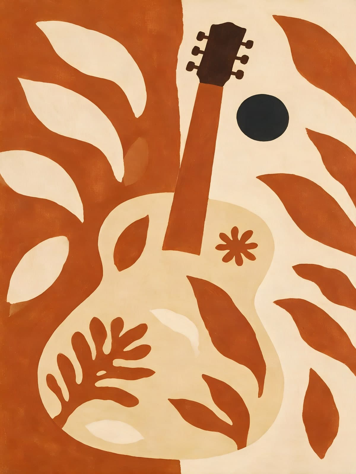 Gitaar tussen oranje bladvormen