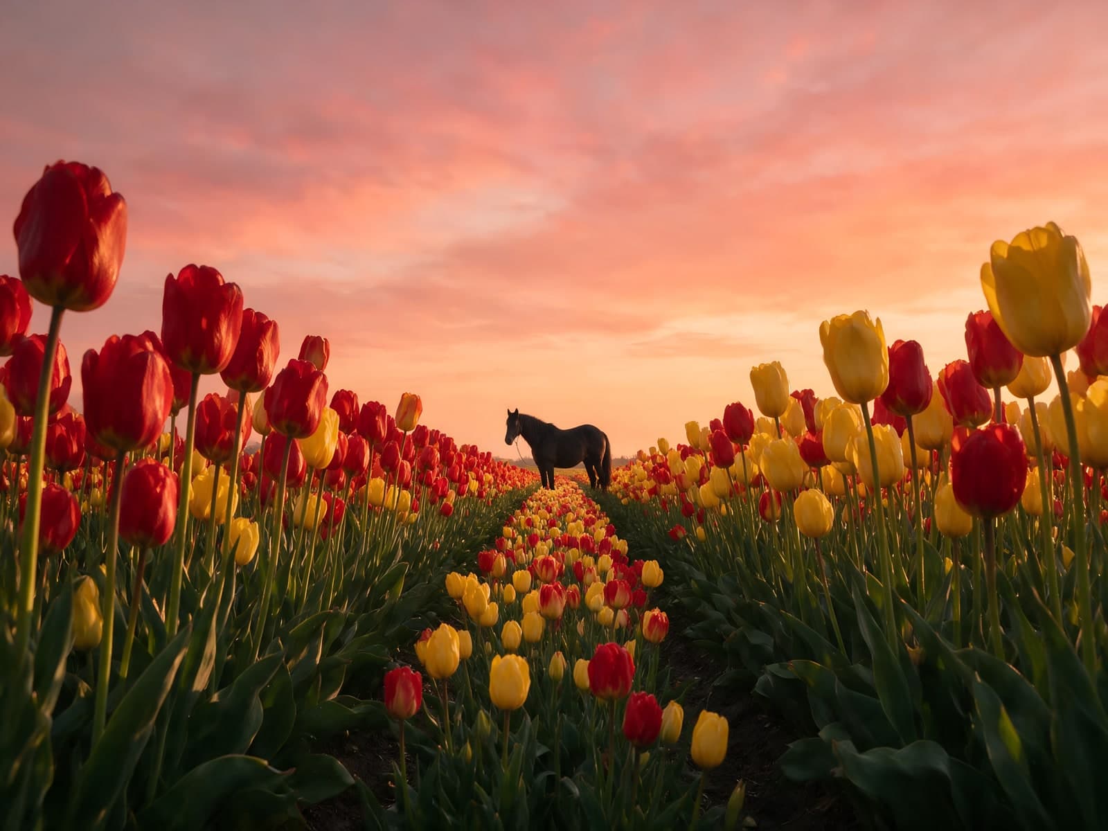 Tulpenveld met een paard bij avondrood