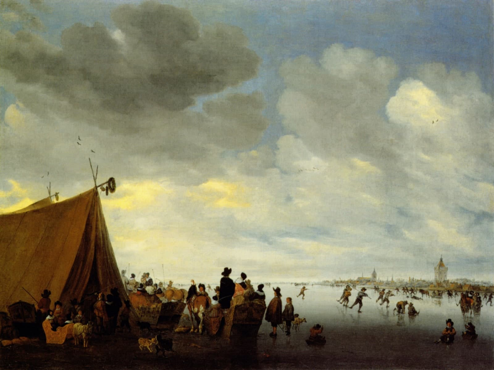 Winterlandschap met schaatsers en een tent