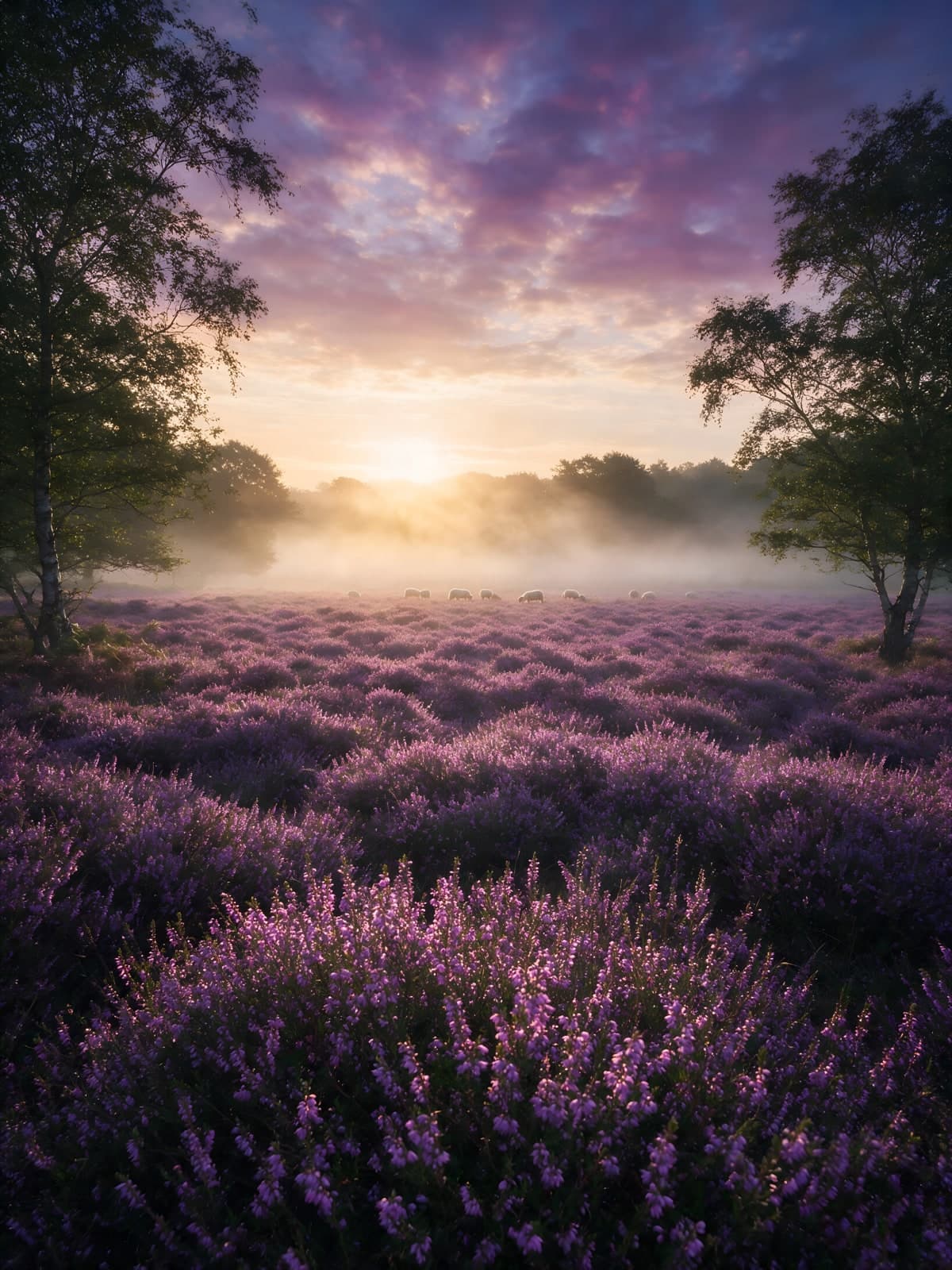 Paarse heide in mist tussen twee bomen