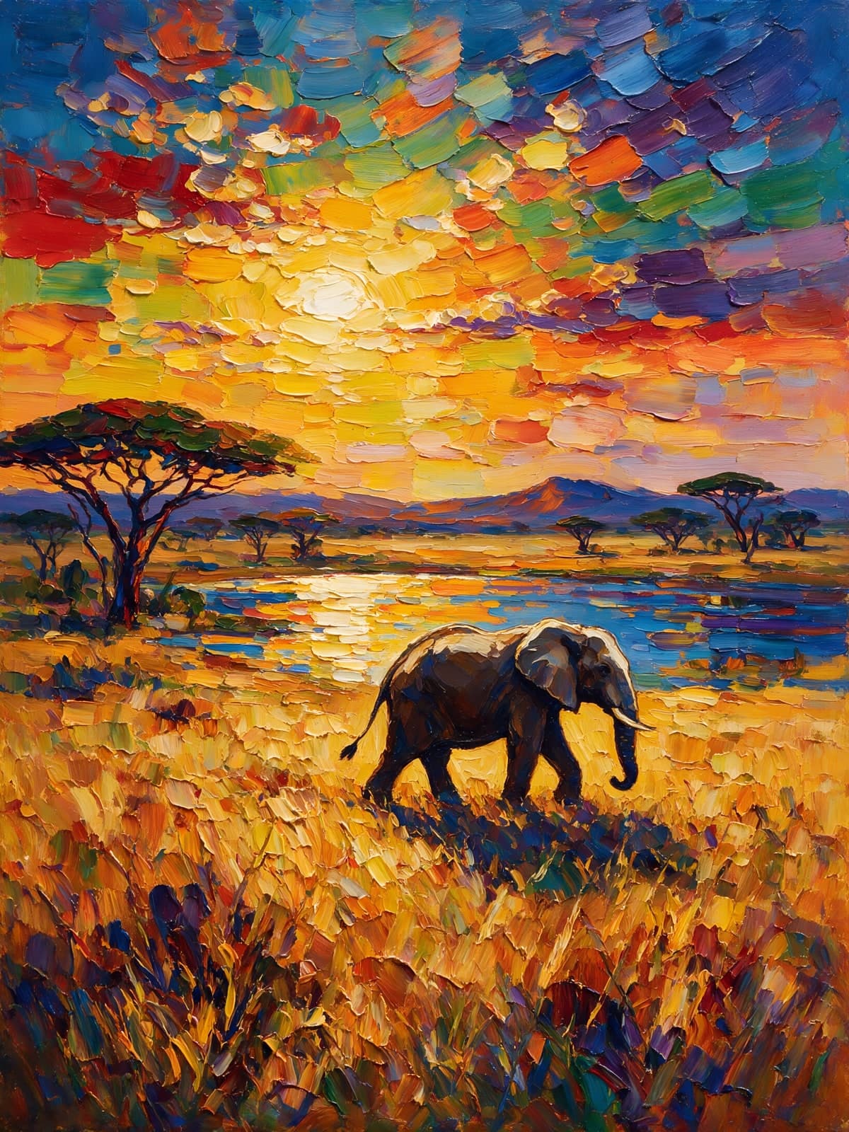 Olifant bij kleurrijke zonsondergang op de savanne