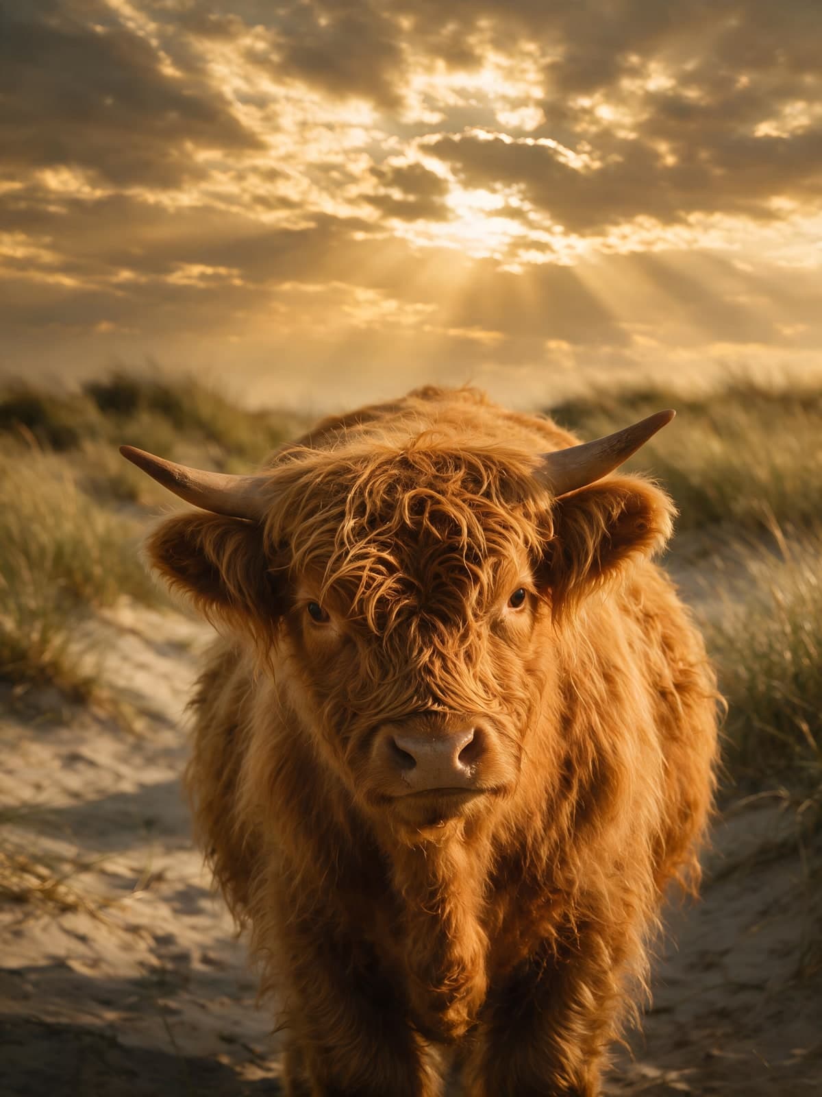 Schotse hooglander in de duinen bij zonlicht