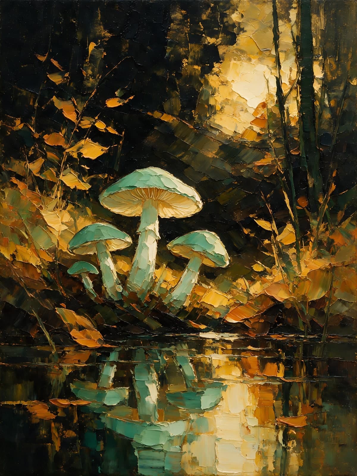 Paddenstoelen bij een bosvijver in herfstlicht