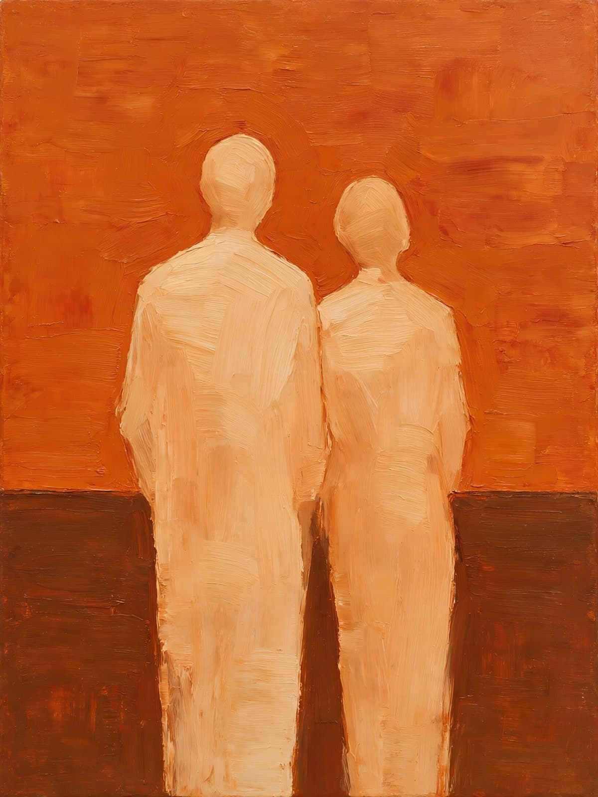 Twee gestileerde figuren voor een oranje muur