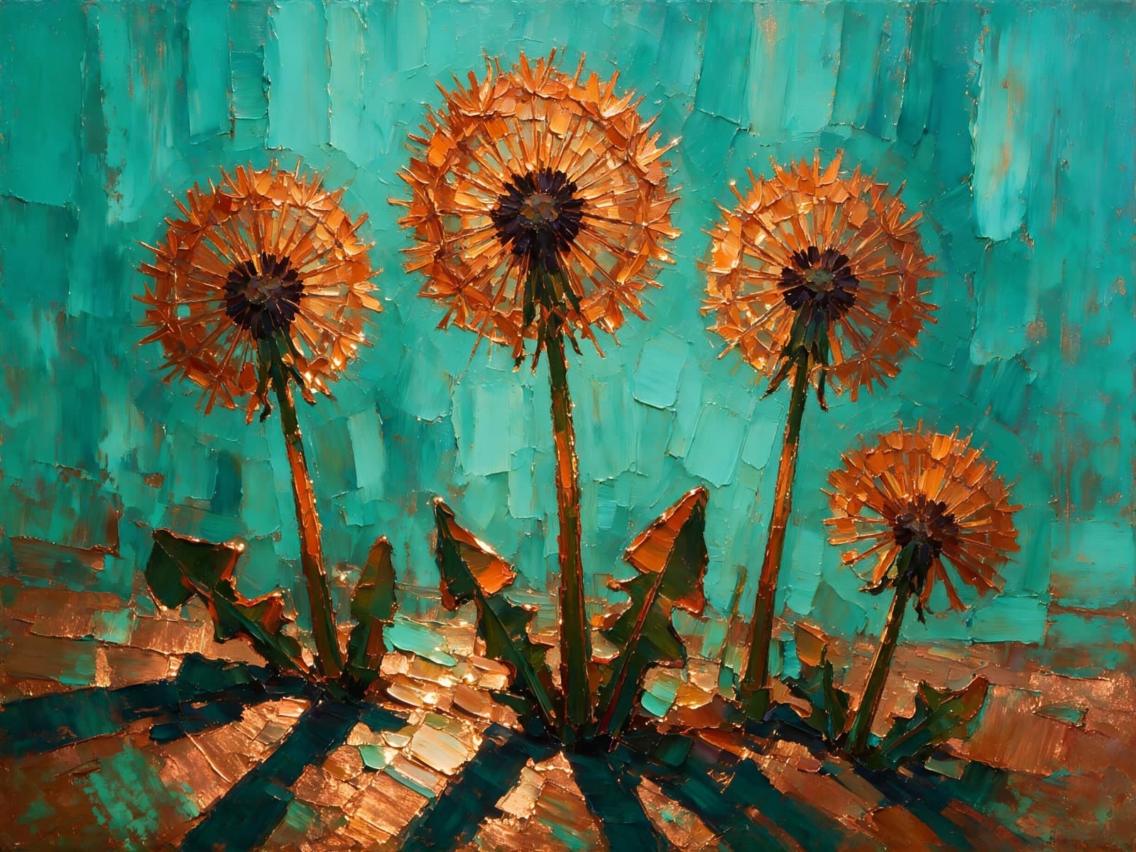 Oranje paardenbloemen tegen turquoise achtergrond