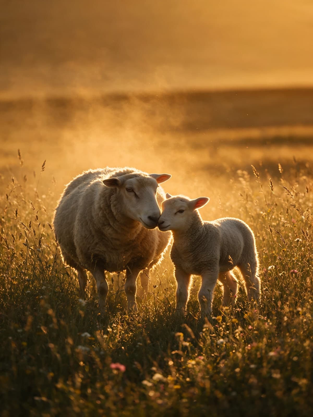 Schaap en lam in gouden avondgras