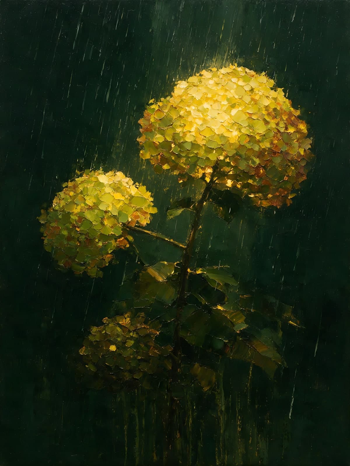 Gele hortensia's in de regen
