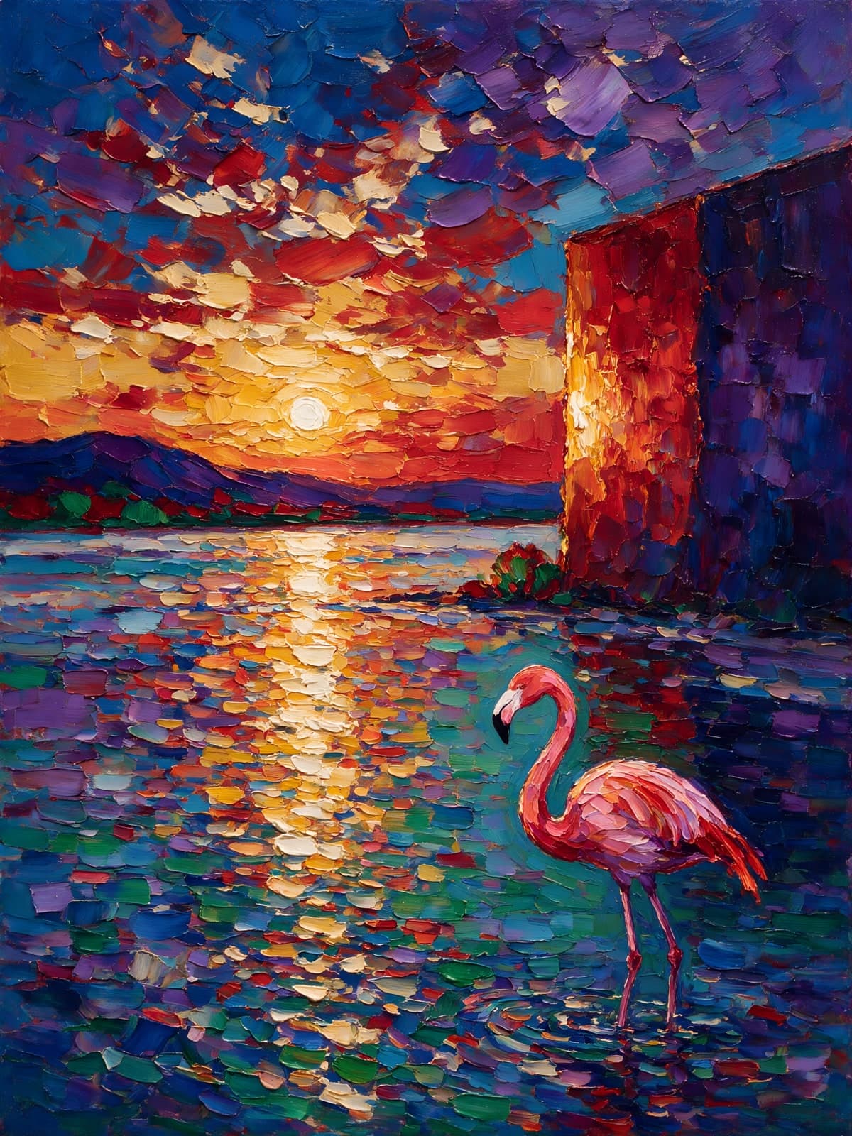 Flamingo in zonsondergang op het water